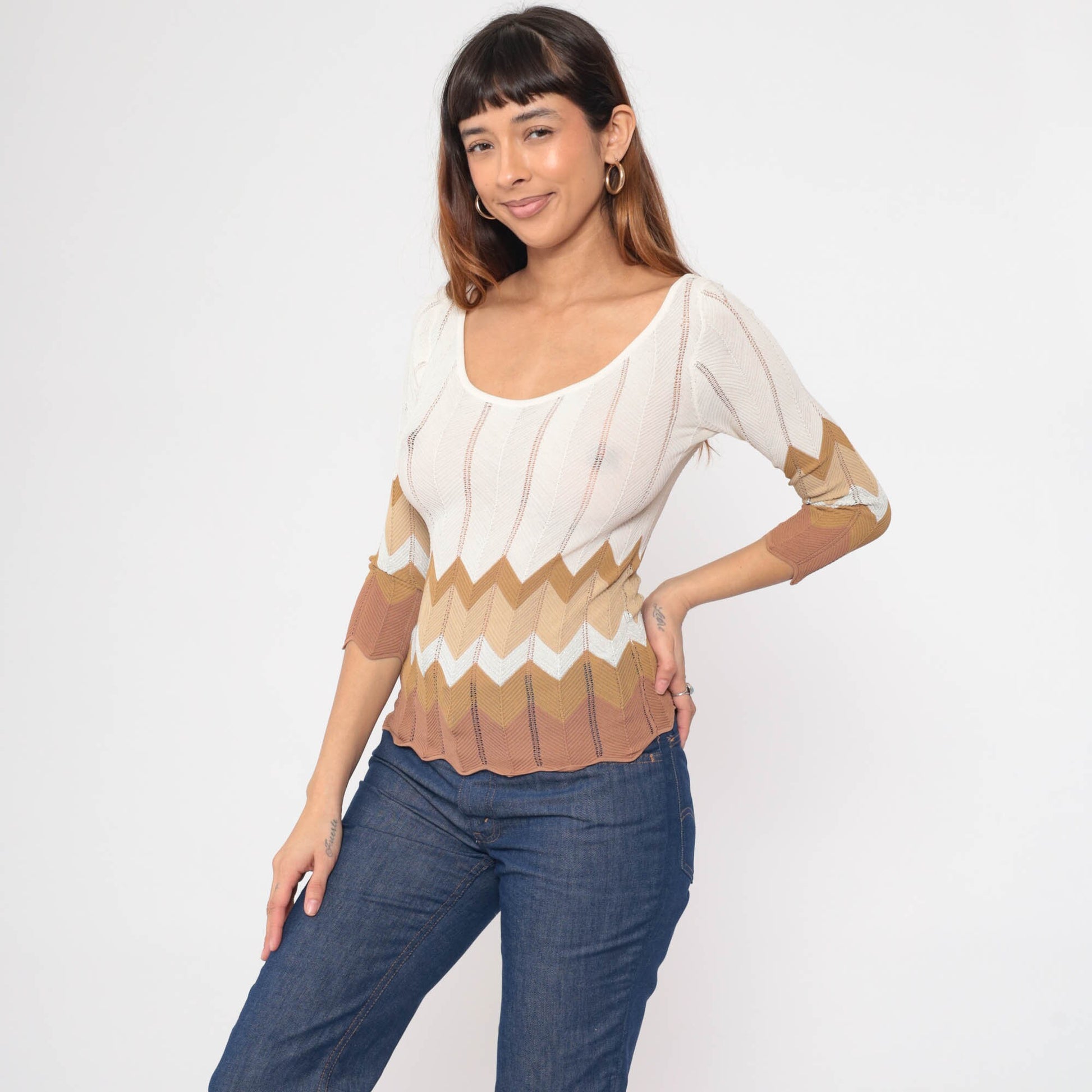 90s Zig Zag Knit Top Striped Scalloped Pointelle Sweater White Brown Small