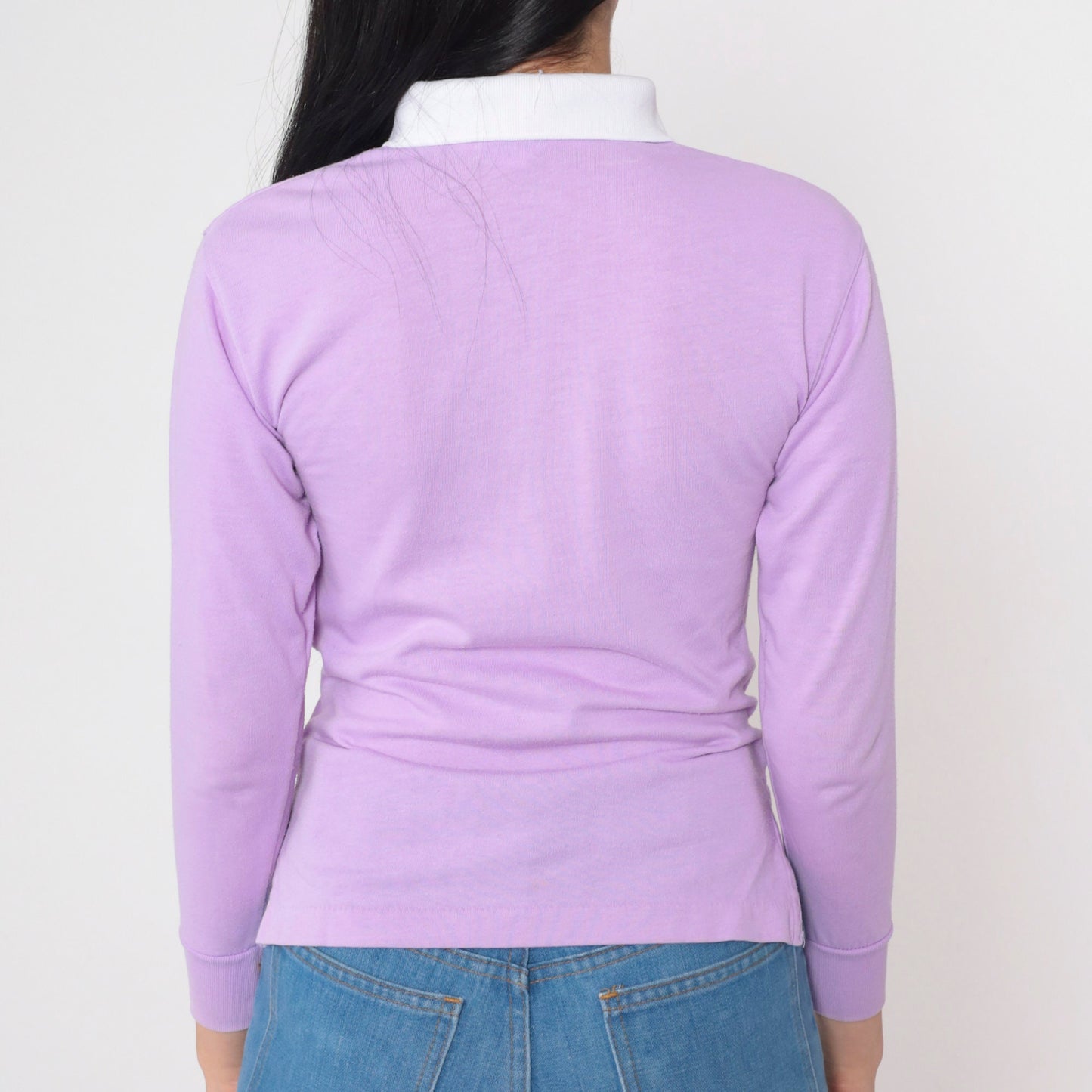 80s Purple Checkered Flag Graphic Polo Shirt Long Sleeve XXS