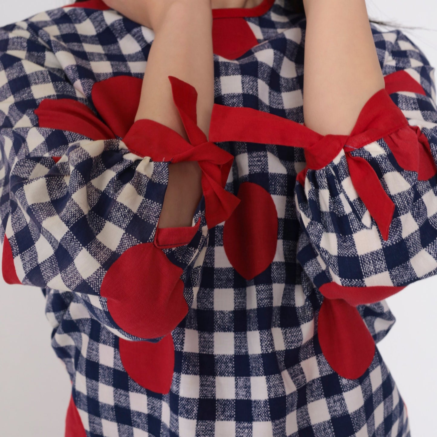 60s Mod Gingham Polka Dot Puff Sleeve Blouse Blue White Red Bow Cuffs Small