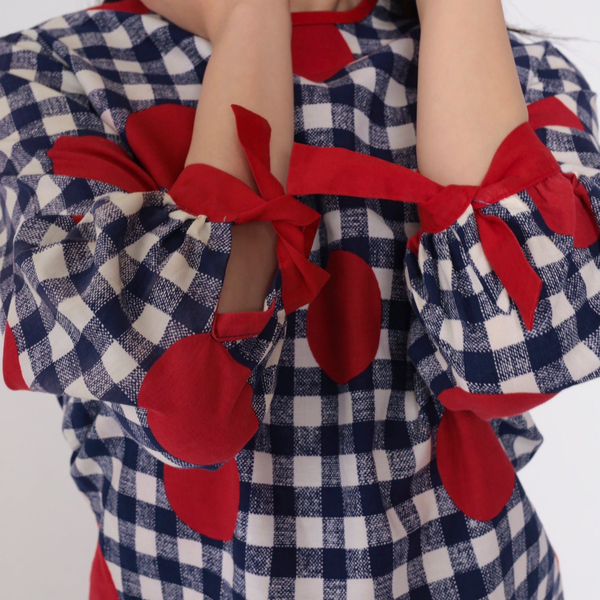 60s Mod Gingham Polka Dot Puff Sleeve Blouse Blue White Red Bow Cuffs Small