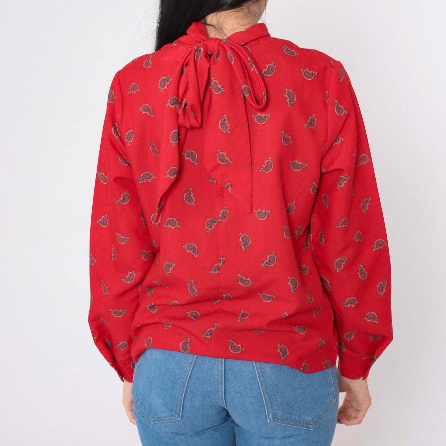 80s Red Paisley Mock Neck Blouse Back Bow Tie Long Sleeve Medium