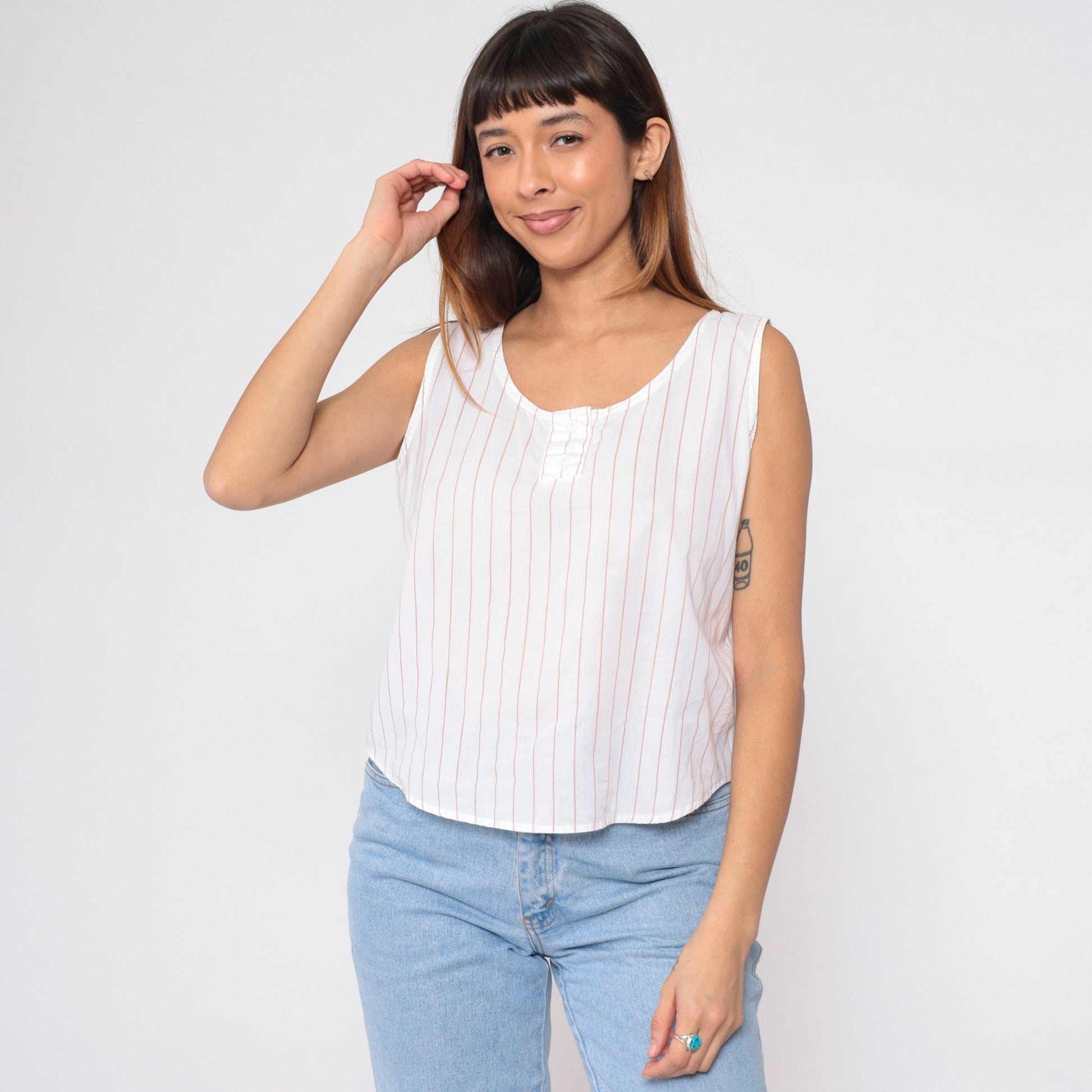 80s Striped Henley Tank Top White Tan Button-Up Scoop Neck Cotton Medium