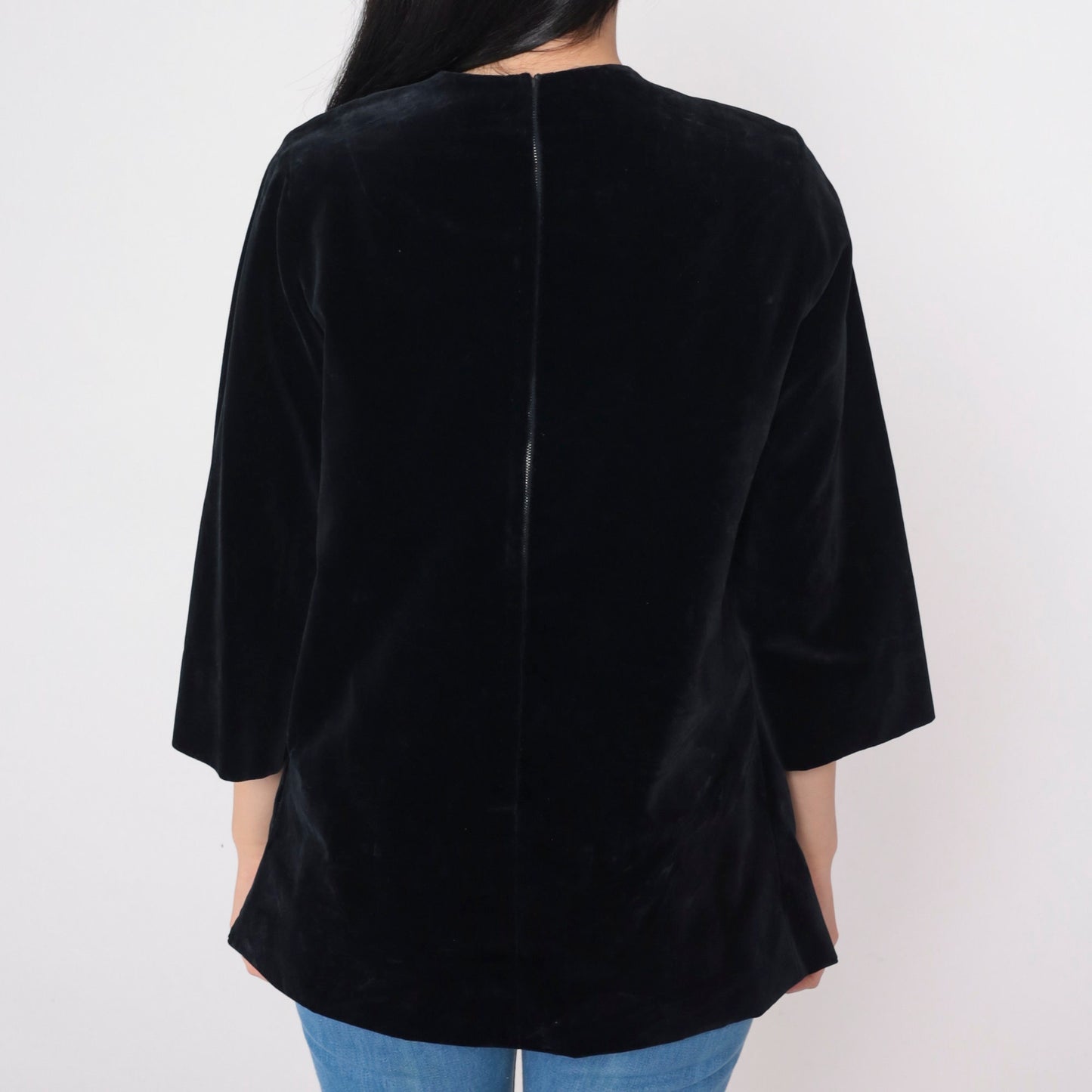 60s Black Velvet Blouse 3/4 Sleeve Rear Zip Medium