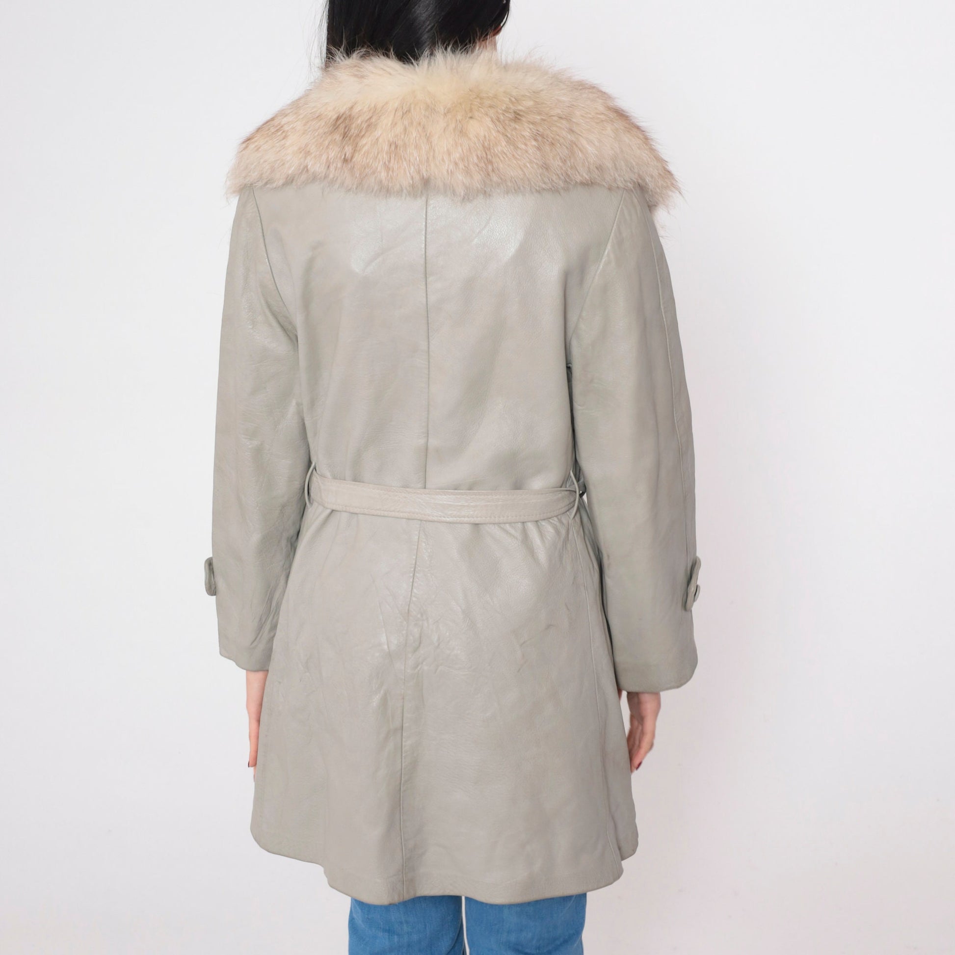 70s Light Grey Leather Jacket Faux Fur Collar Zip Belt Small