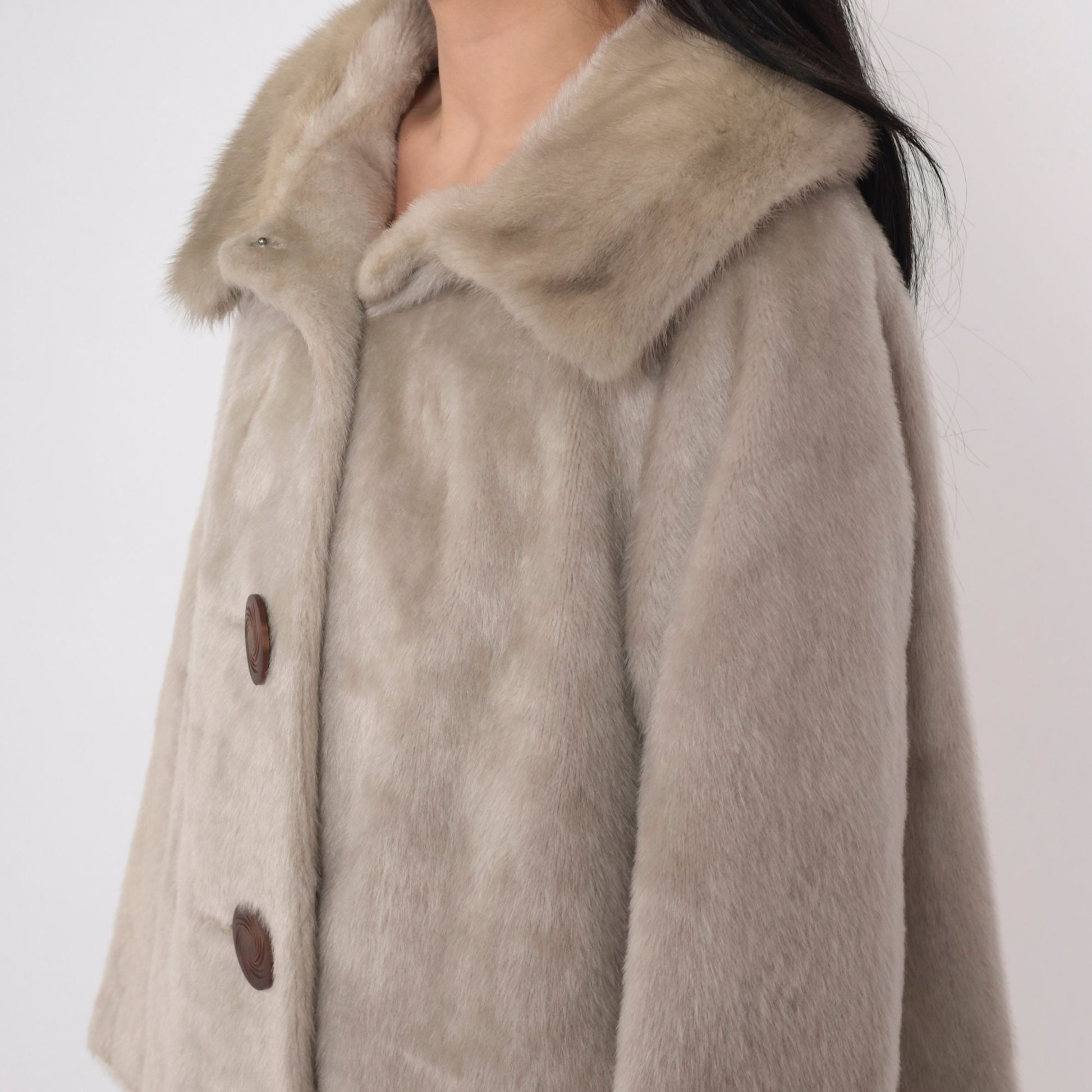 60s Tan Faux Fur Coat Real Fur Collar Button Front Medium