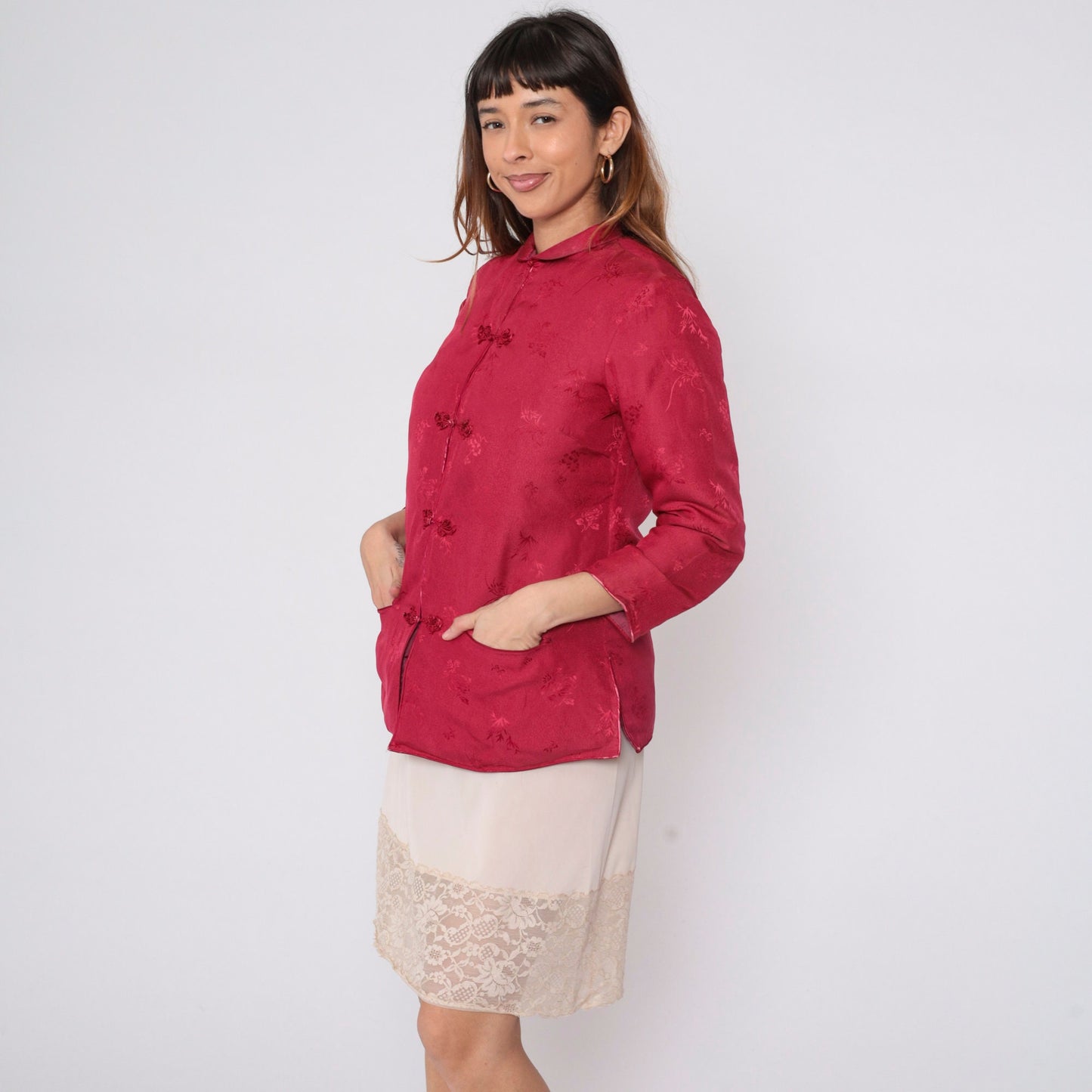 80s Red Floral Asian-Inspired Jacket Quilted Down-Fill Knot Buttons Small