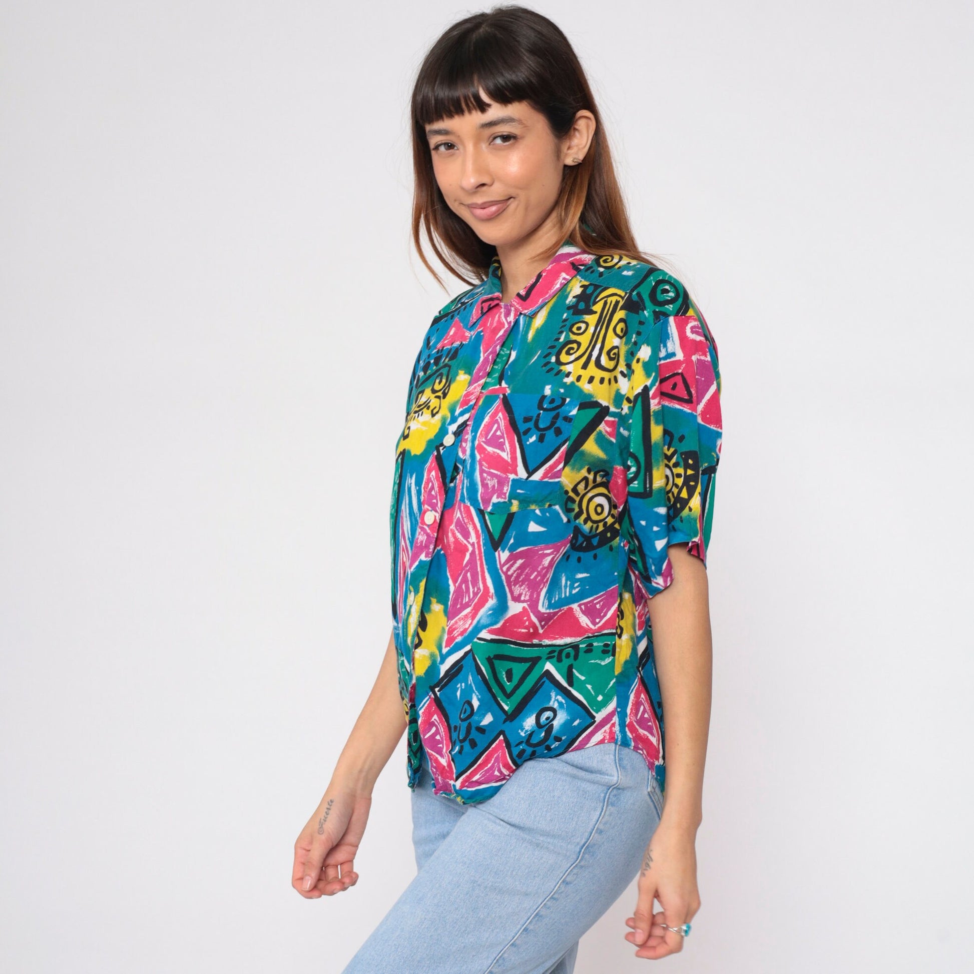 90s Blue Rose Geometric Celestial Print Button Up Shirt Large