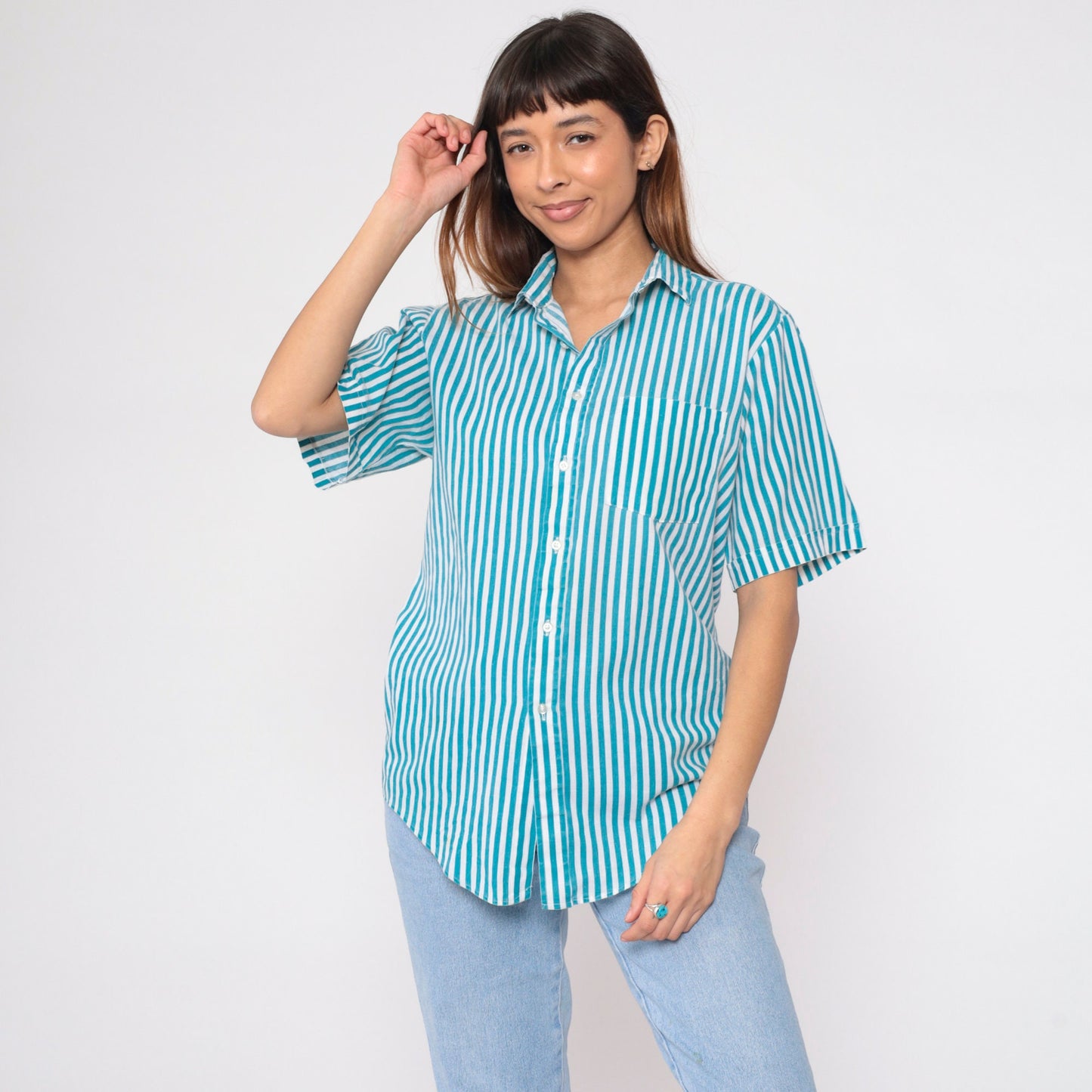 90s Blue White Striped Oxford Button-Up Shirt Short Sleeve Men's Medium