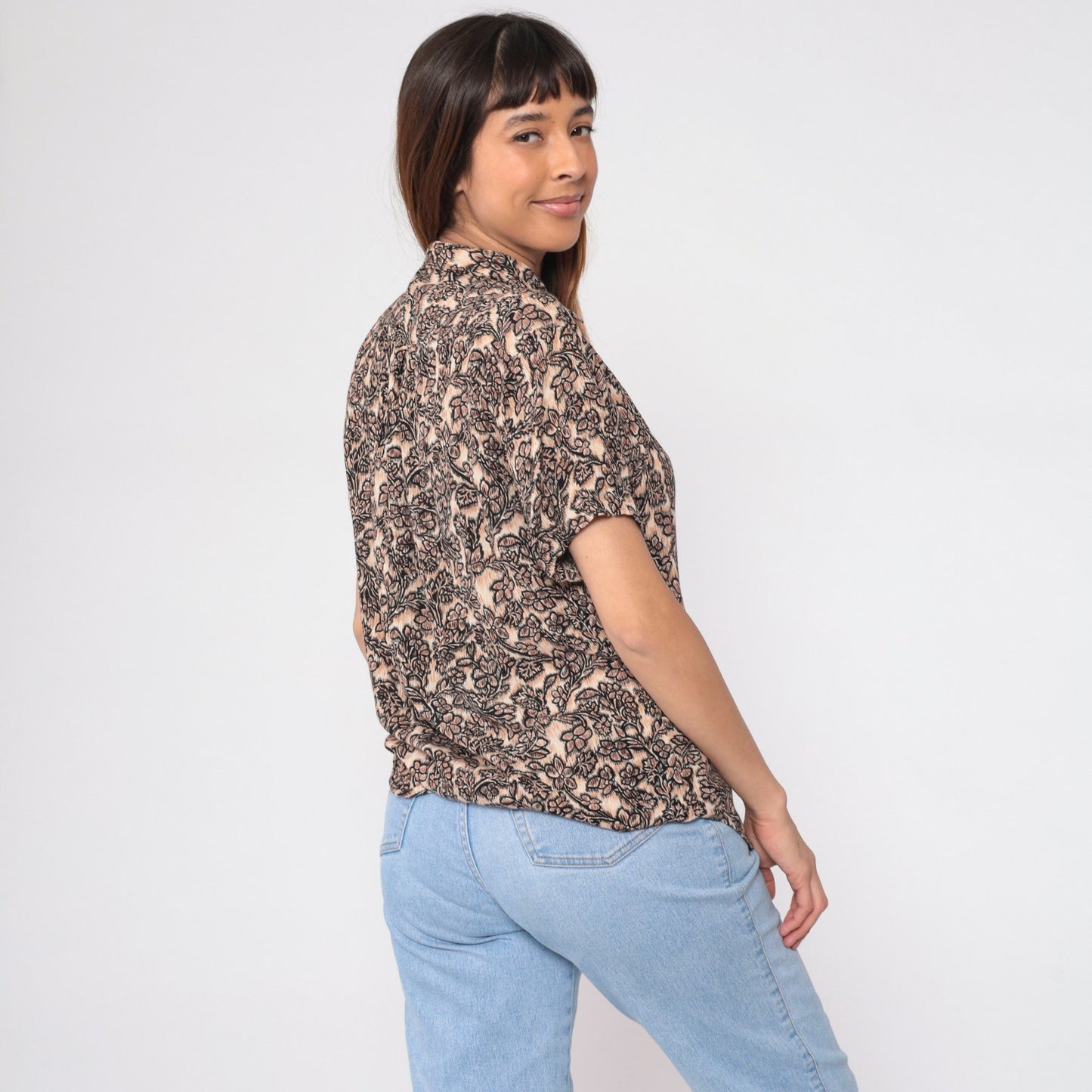 90s Floral Blouse Brown Tan Flower Print Rayon Button Up Short Sleeve Medium