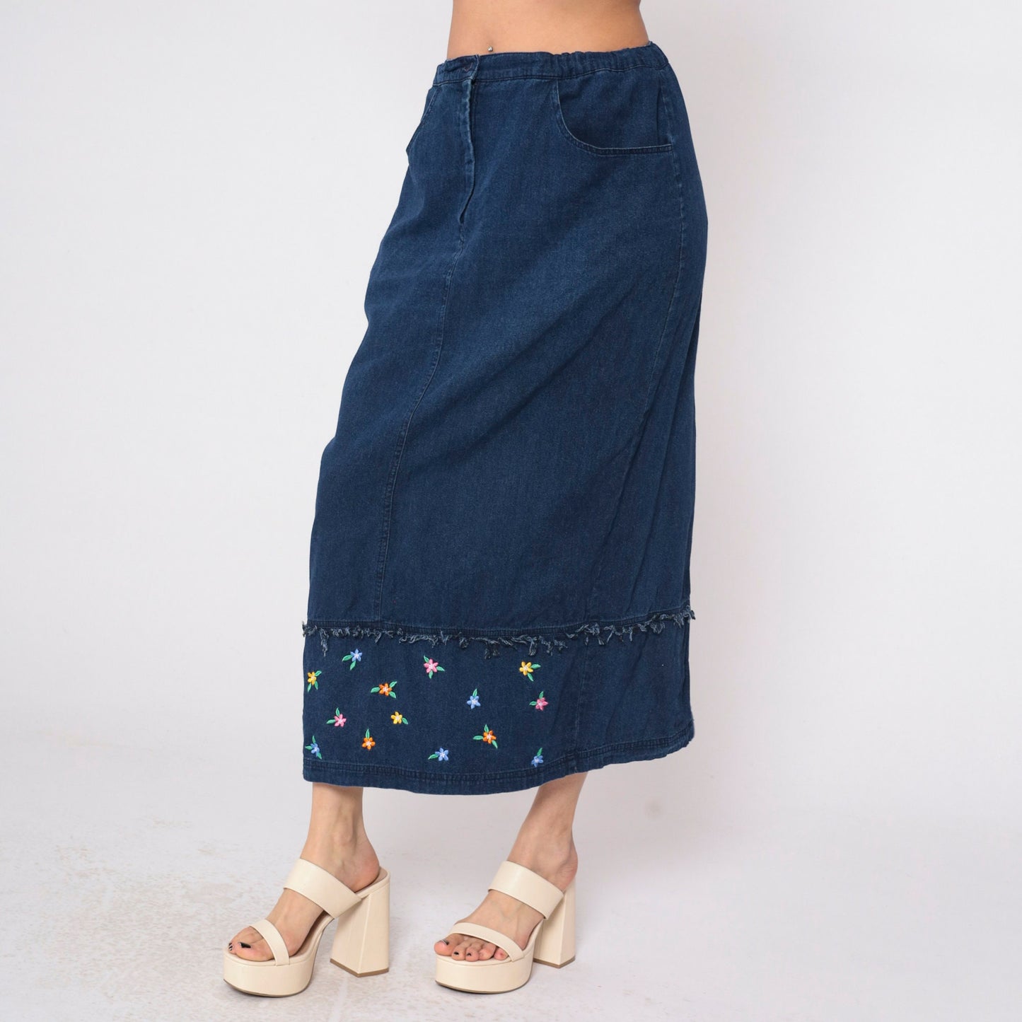 00s Samantha Edwards Denim Maxi Skirt Floral Embroidered Dark Wash Large