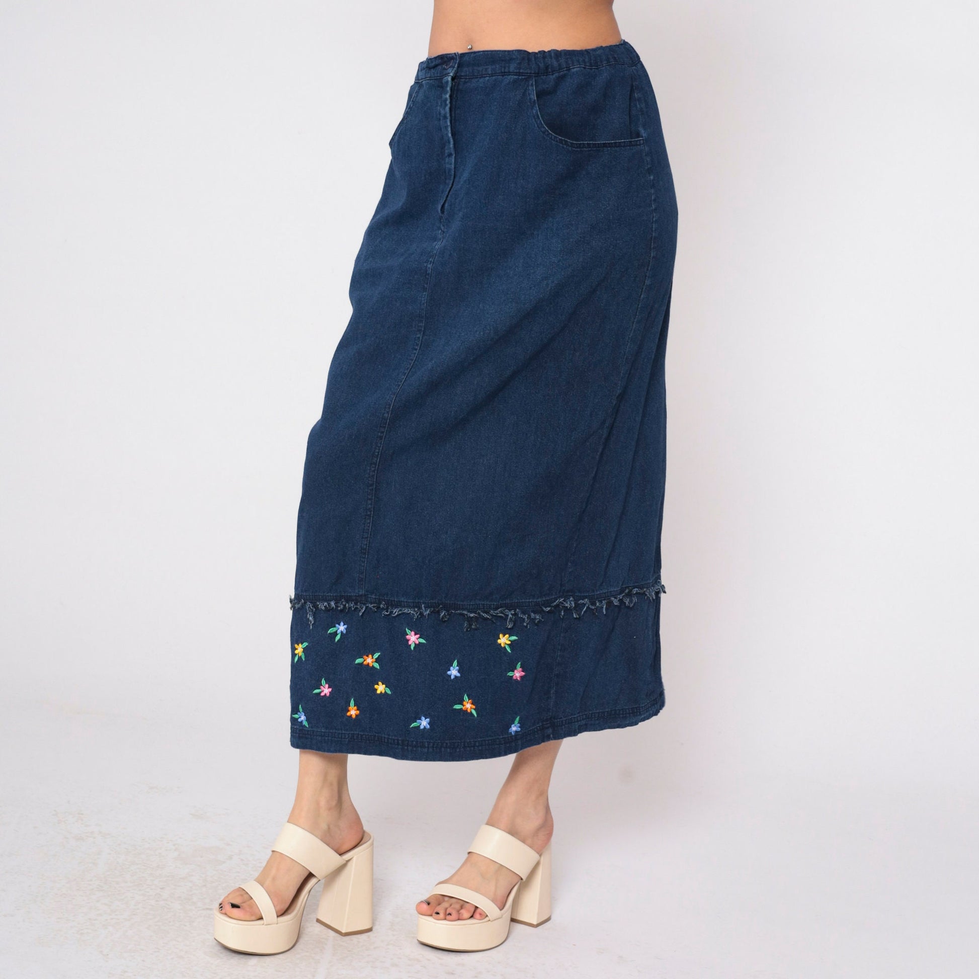 00s Samantha Edwards Denim Maxi Skirt Floral Embroidered Dark Wash Large