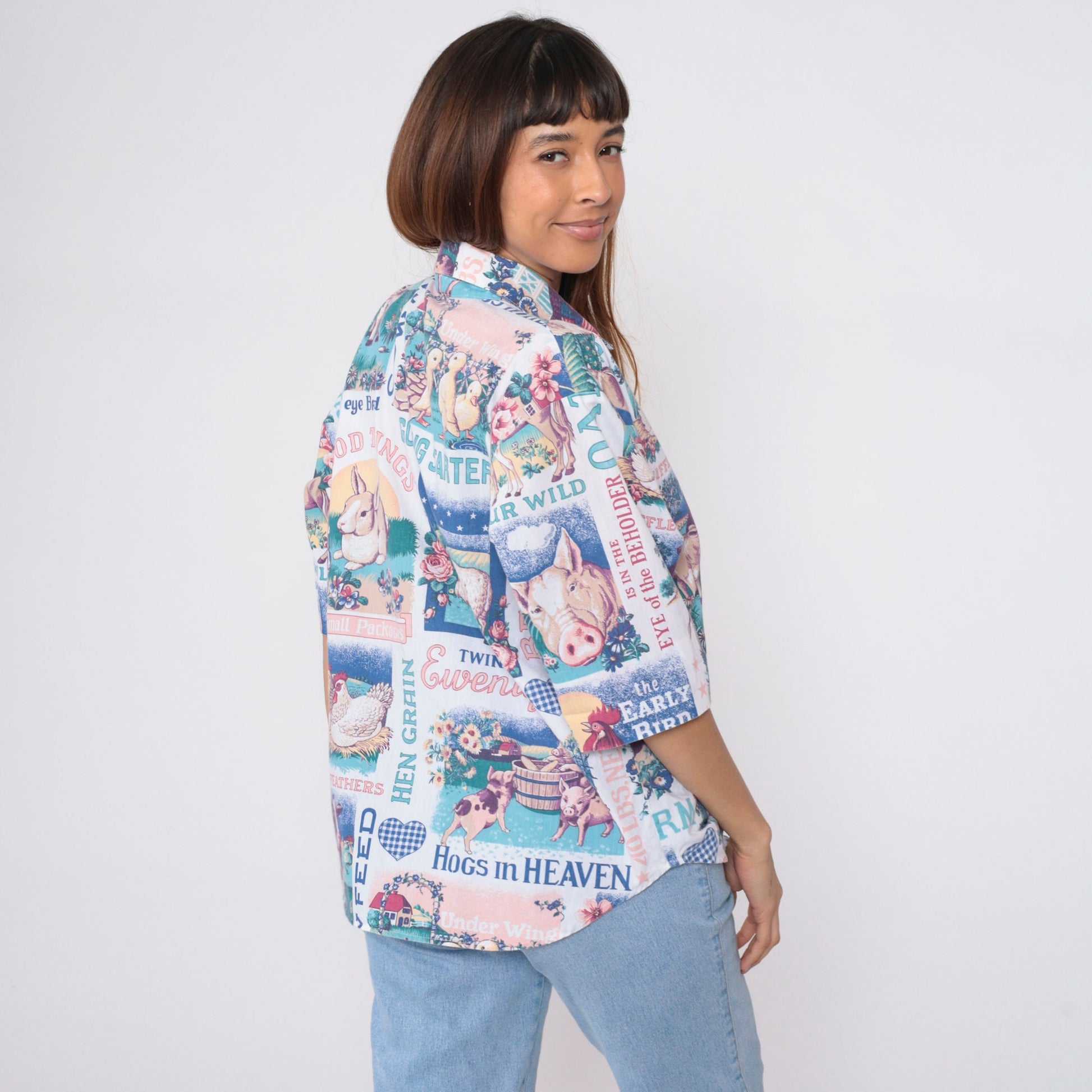 90s Farm Animal Print Button Up Blouse Cow Duck Bunny Chicken Sheep Medium