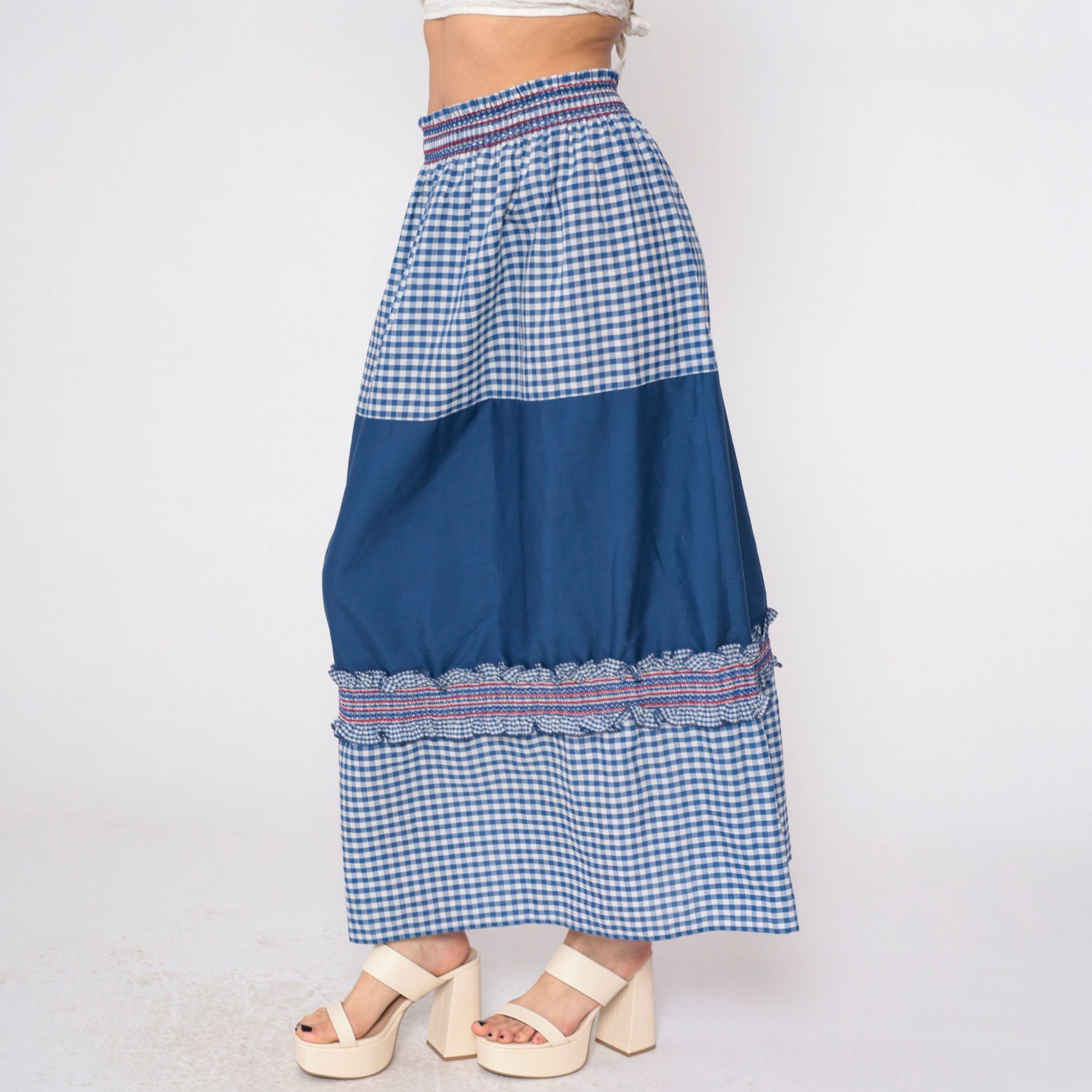 80s Blue Gingham Maxi Skirt High Waist Smocked Ruffled Patchwork Medium Large
