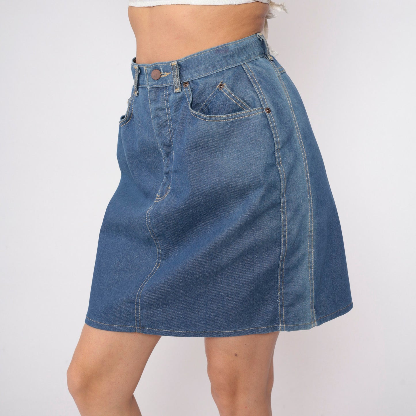 80s Blue Denim Mini Skirt High Waisted Pencil Cut Small S