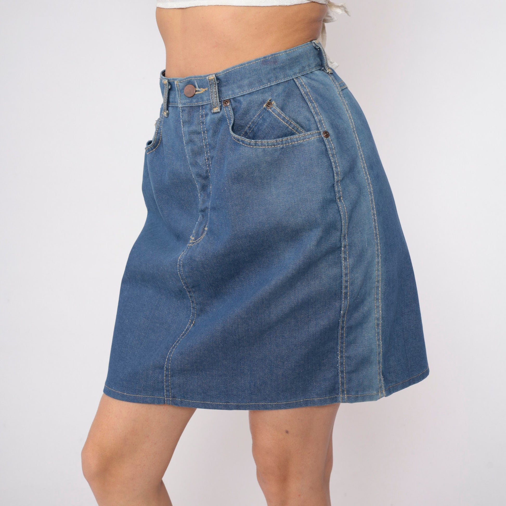 80s Blue Denim Mini Skirt High Waisted Pencil Cut Small S