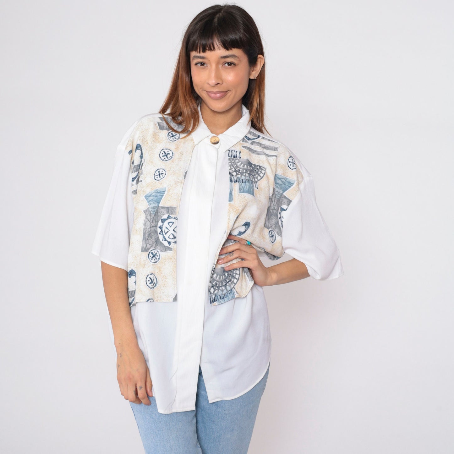 90s Geometric Button Up Shirt White Attached Vest Half Sleeve Extra Large XXL