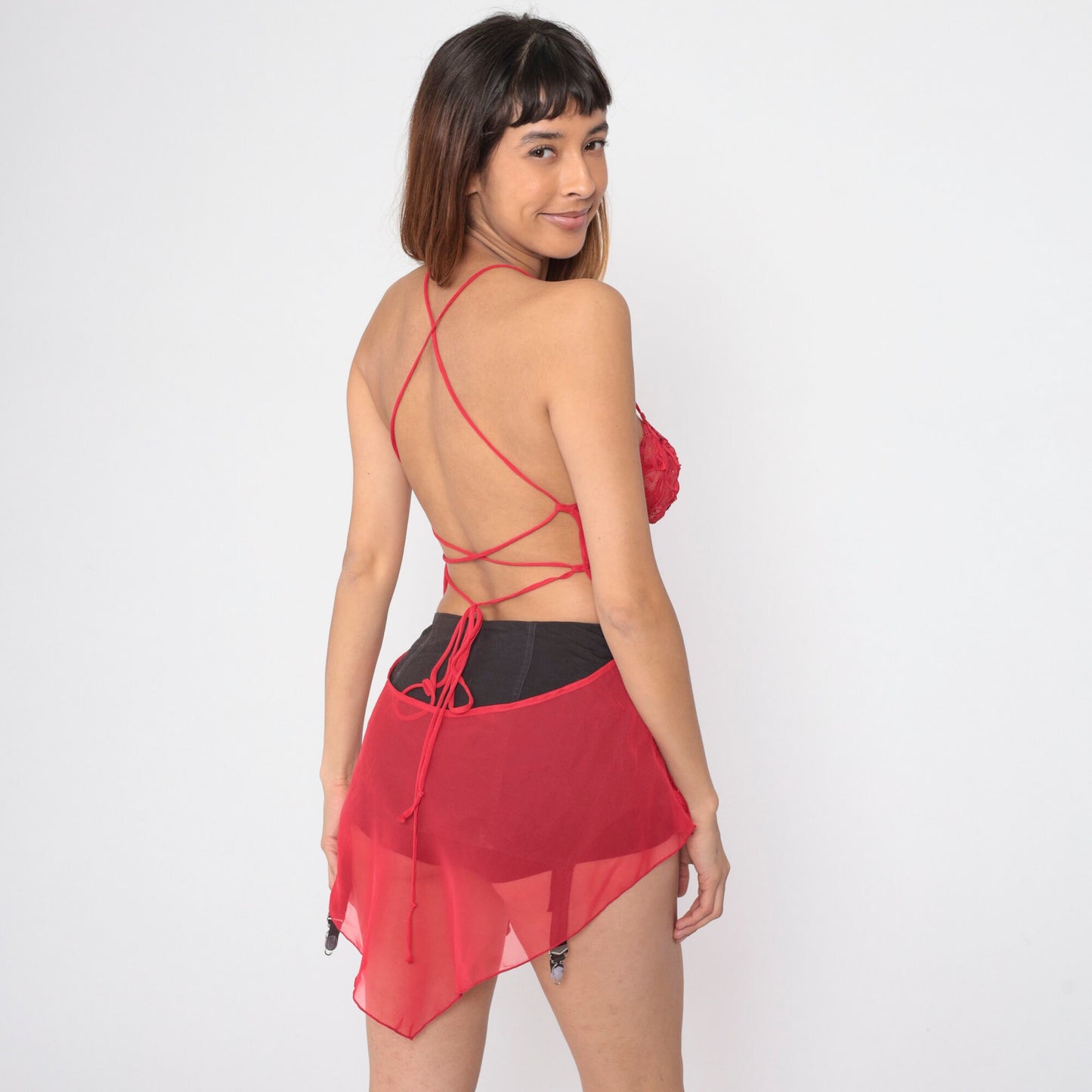 90s Red Lace Sequin Cami Chiffon Open Back Camisole Medium Large