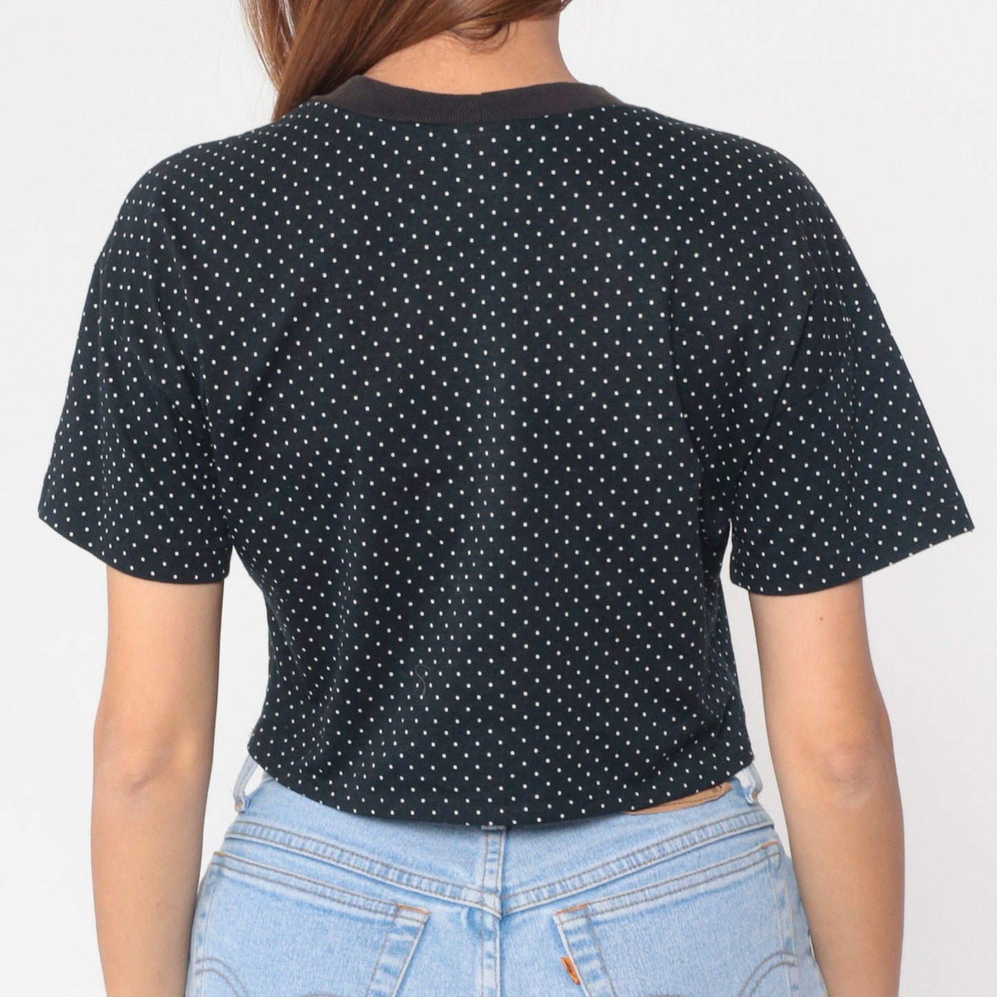90s Black Polka Dot Crop Top White Print Short Sleeve Baby Tee Large L