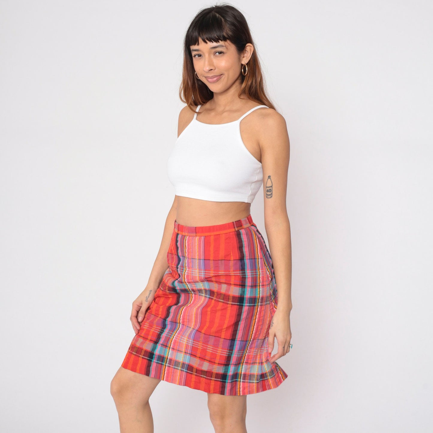 80s Red Plaid Mini Skirt High Waisted Built-In Shorts Slit Medium