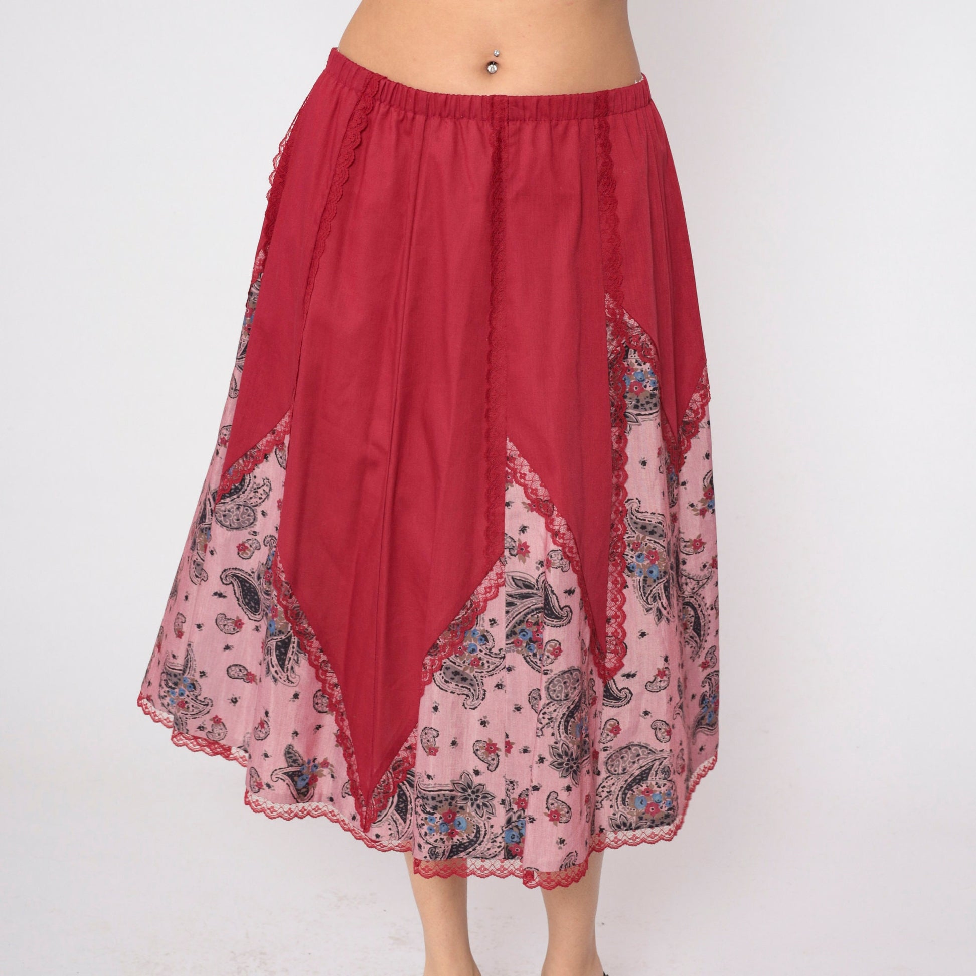 80s Red Paisley Midi Skirt Lace Trim High Waist Elastic Cotton Large