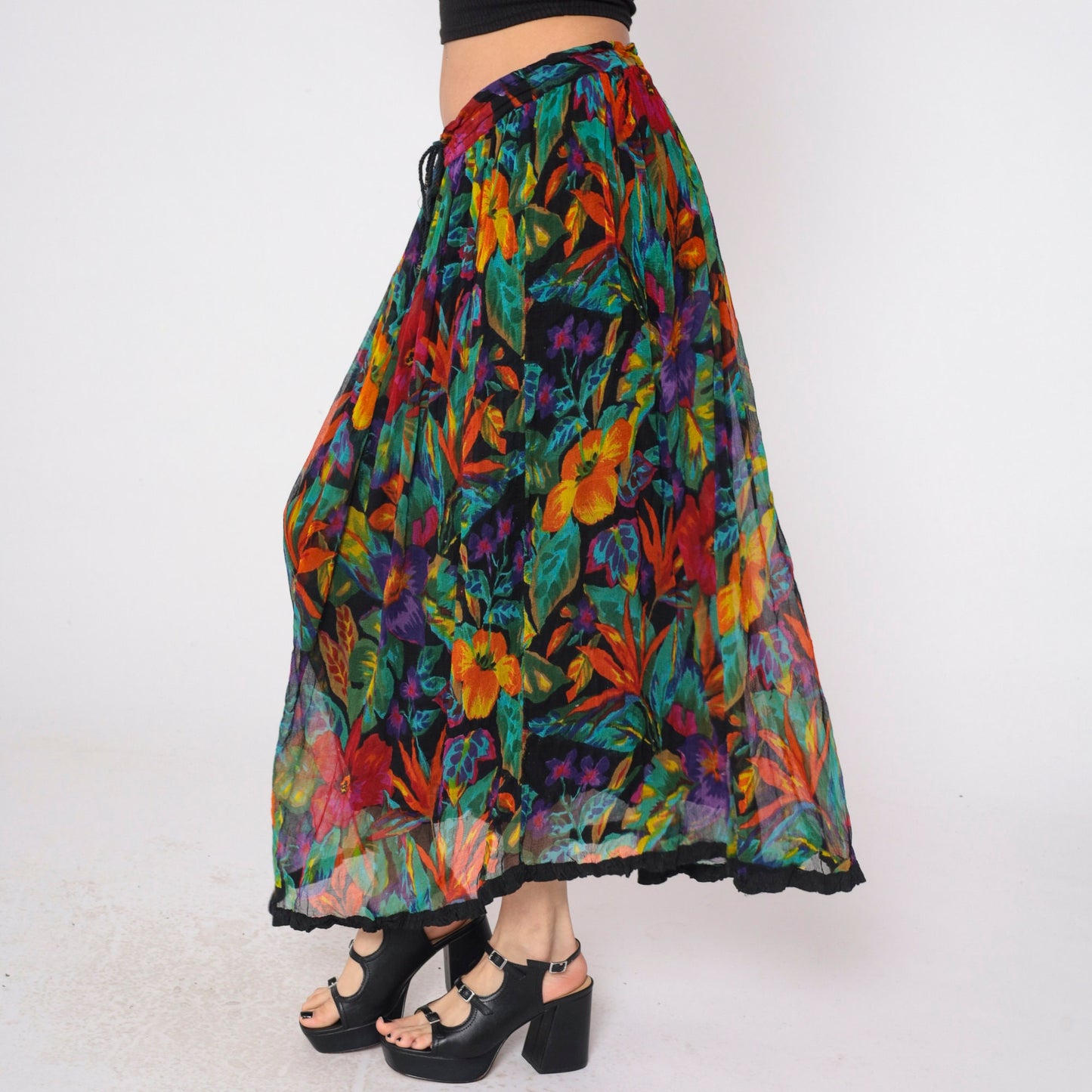 90s Tropical Floral Maxi Skirt Pleated Drawstring Waist Cotton Small Medium Large
