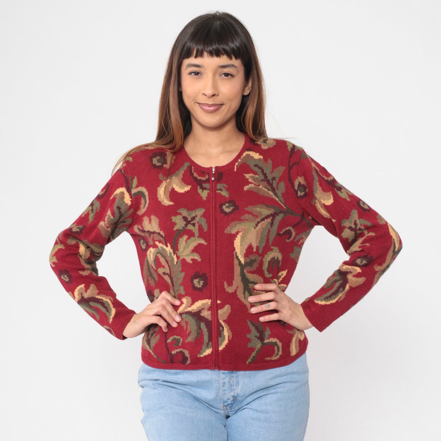 00s Talbots Leaf Print Cardigan Red Cotton Ramie Zip Knit Small S