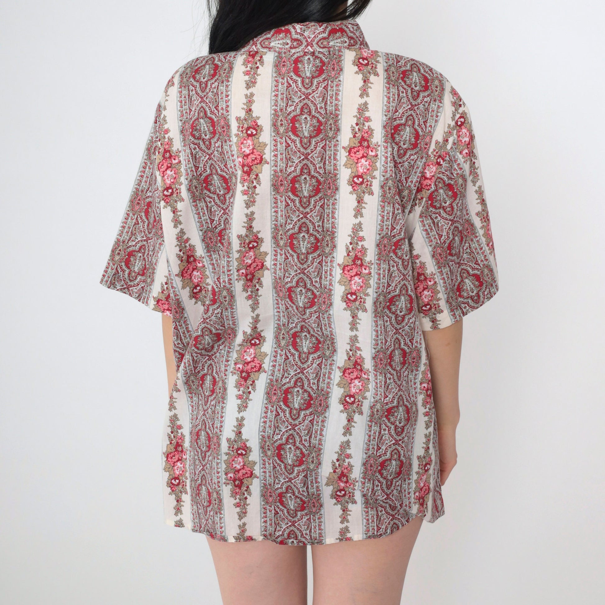 90s Paisley Floral Button-Up Blouse Off-White Short Sleeve Plus Size 1X