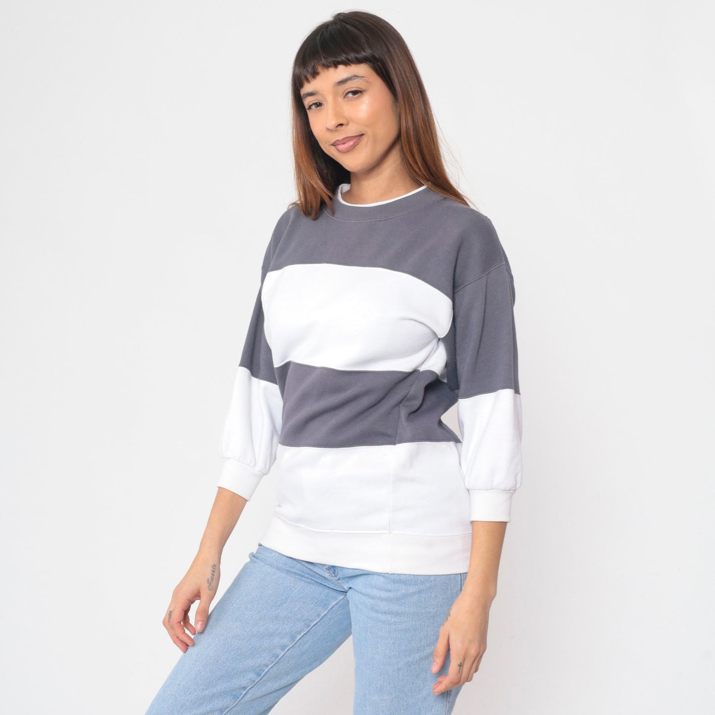 90s Striped Color Block Sweatshirt White Grey Crewneck Small