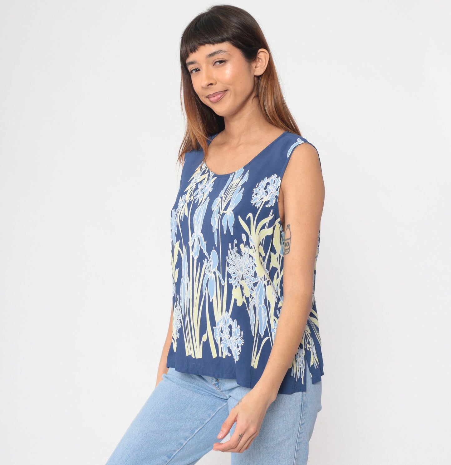 90s Blue Iris Floral Tank Top Sleeveless Blouse Extra Large XXL