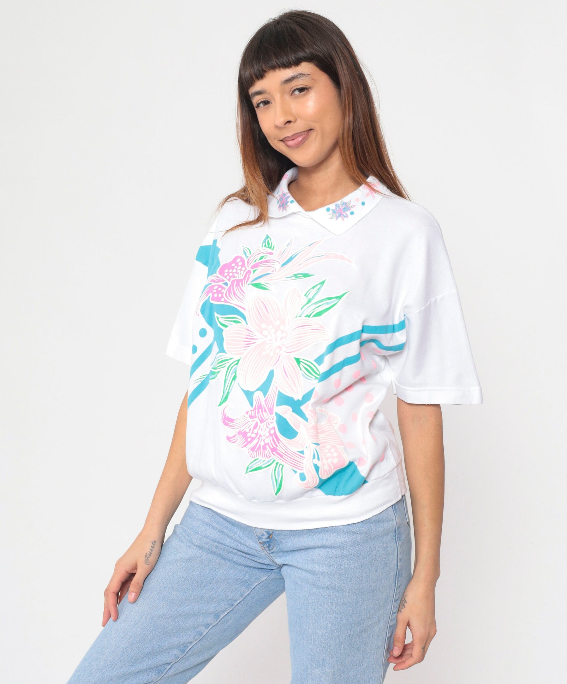 90s White Floral Collared Blouse Abstract Lily Print Short Sleeve Banded Hem Large L