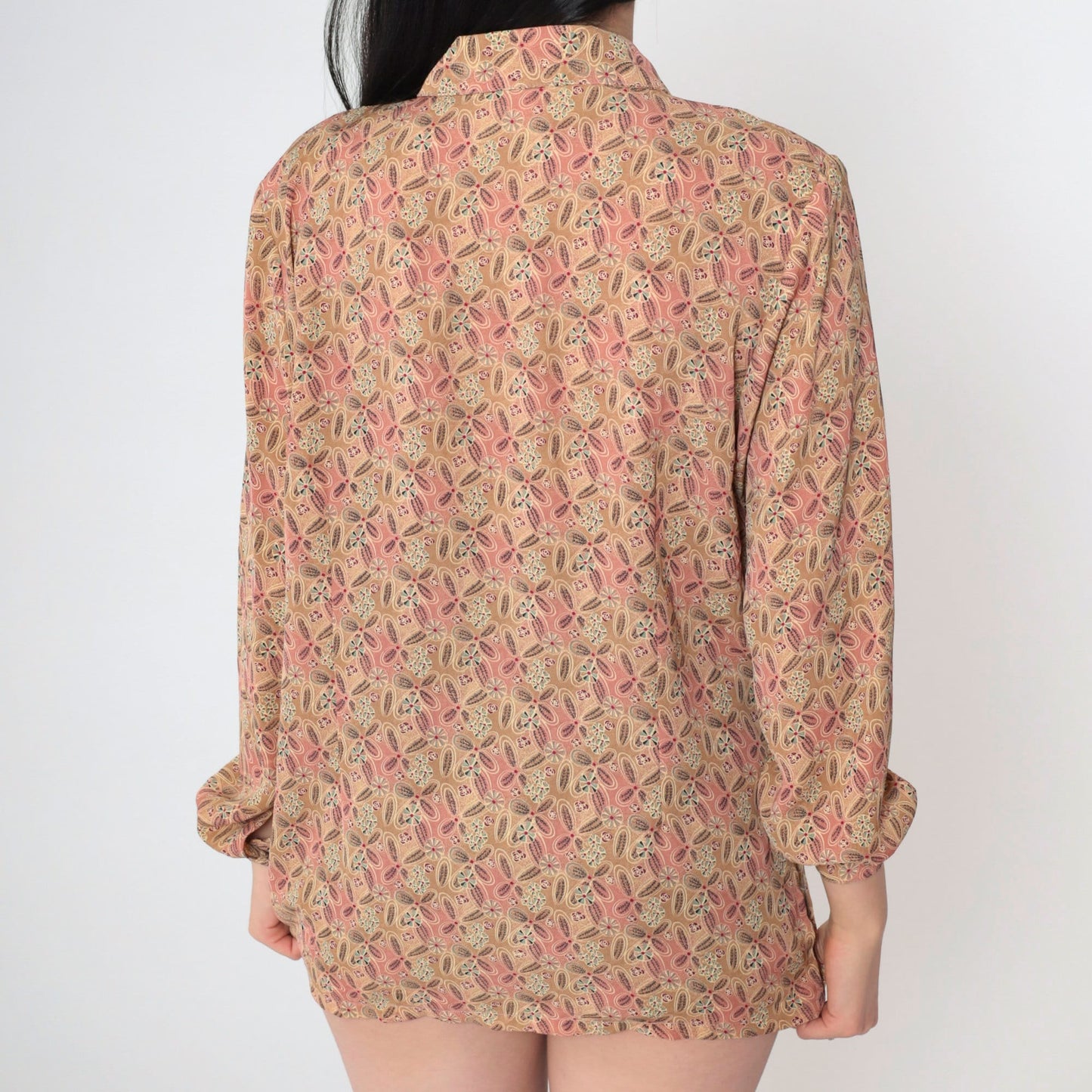 90s Tan Floral Abstract Button-Up Blouse Pink Pointed Collar Long Sleeve Medium