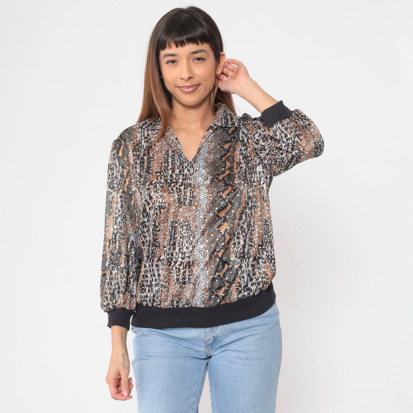 80s Snakeskin Print Blouse Collared V-Neck 3/4 Sleeve Banded Hem Large L