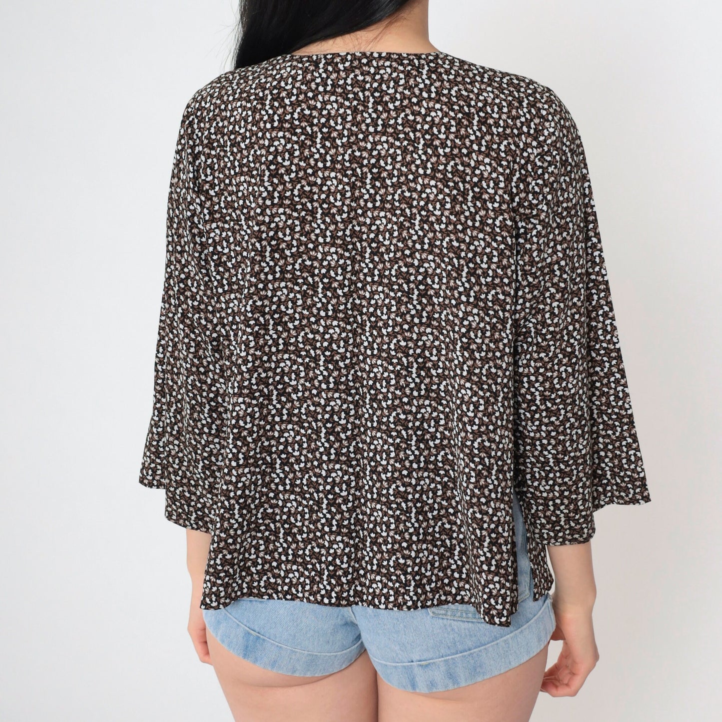 90s Calico Floral Button Up Blouse Black White Brown Ditsy Print 3/4 Sleeve Medium M