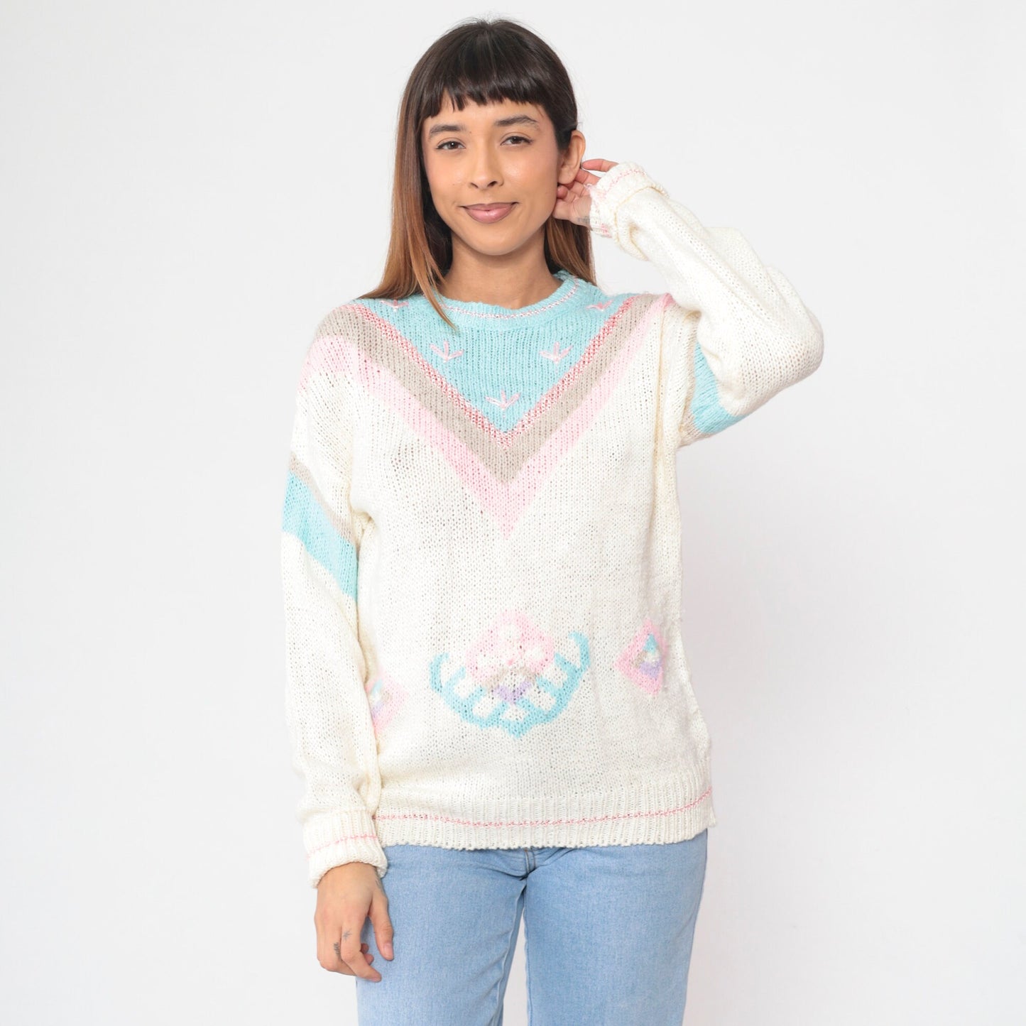 80s Mister Noah Knit Sweater White Pastel Chevron Beaded Floral Embroidered Large