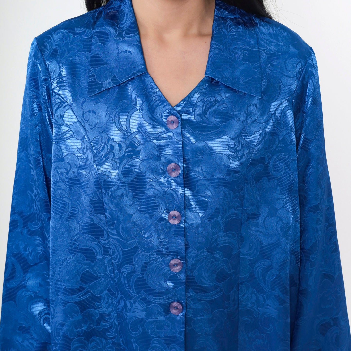 90s Blue Satin Floral Embossed Button-Up Blouse Princess Seam Long Sleeve Large L