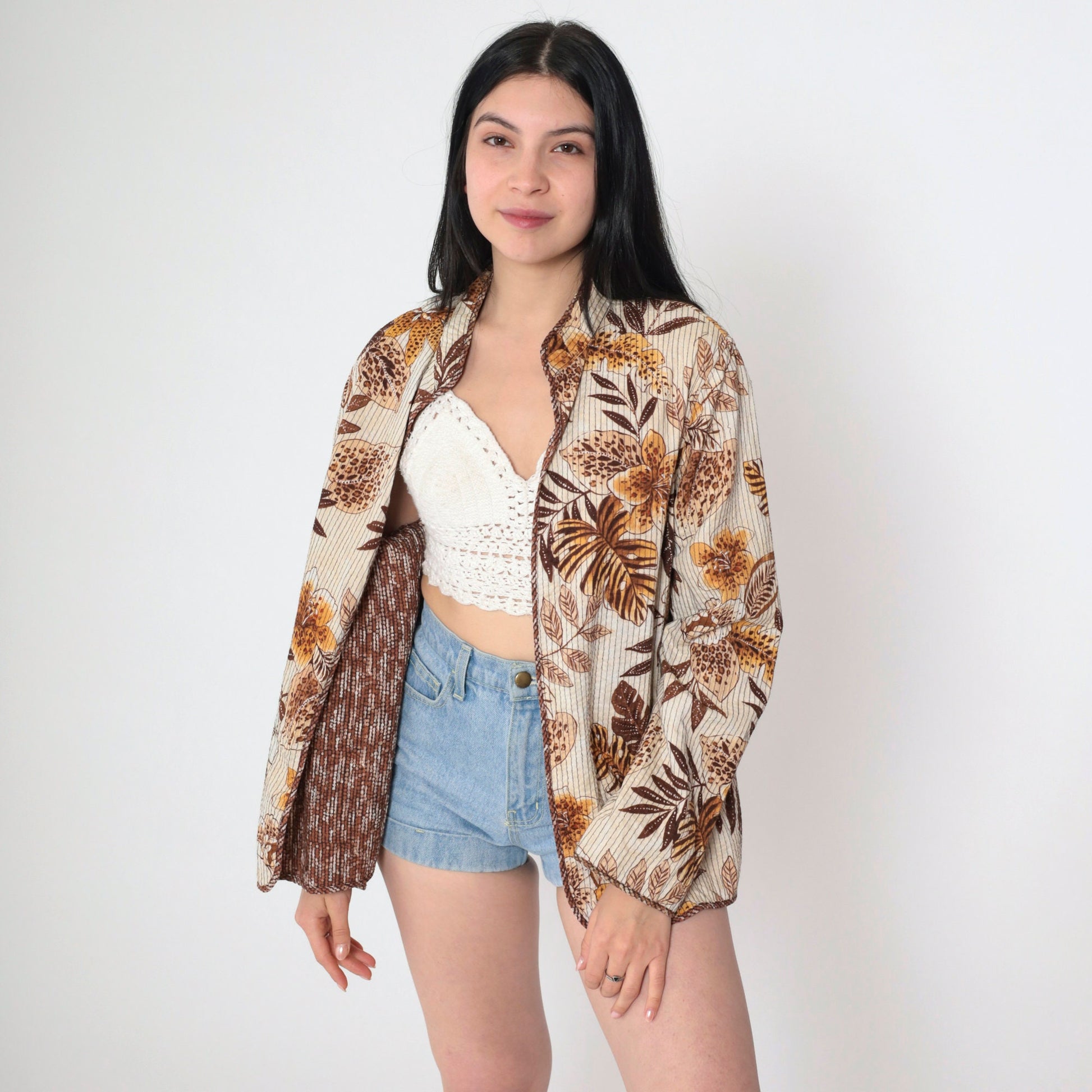 Y2K Reversible Tropical Leopard Floral Jacket Dot Print Mandarin Collar Medium M