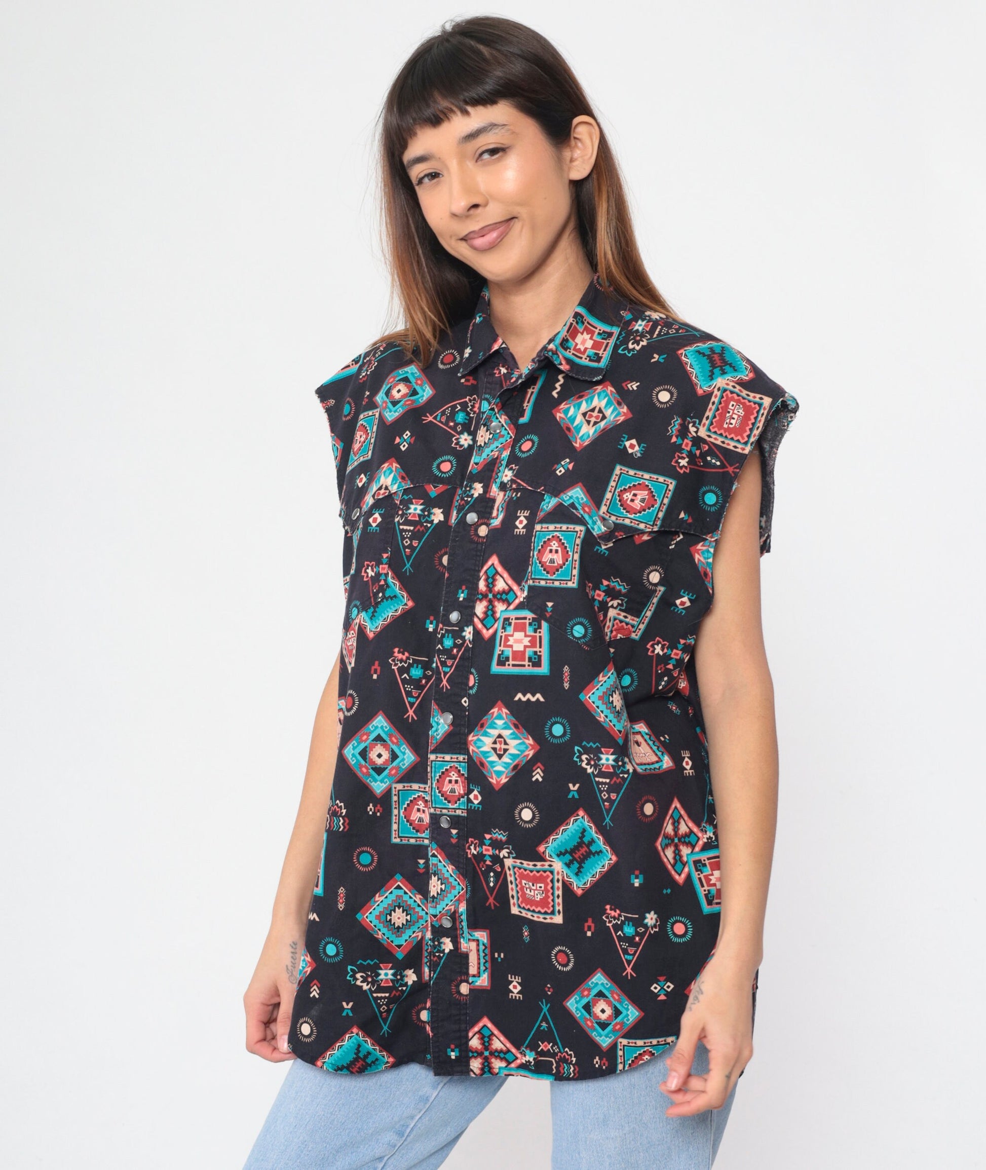90s Southwestern Pearl Snap Tank Top Black Geometric Collared XL