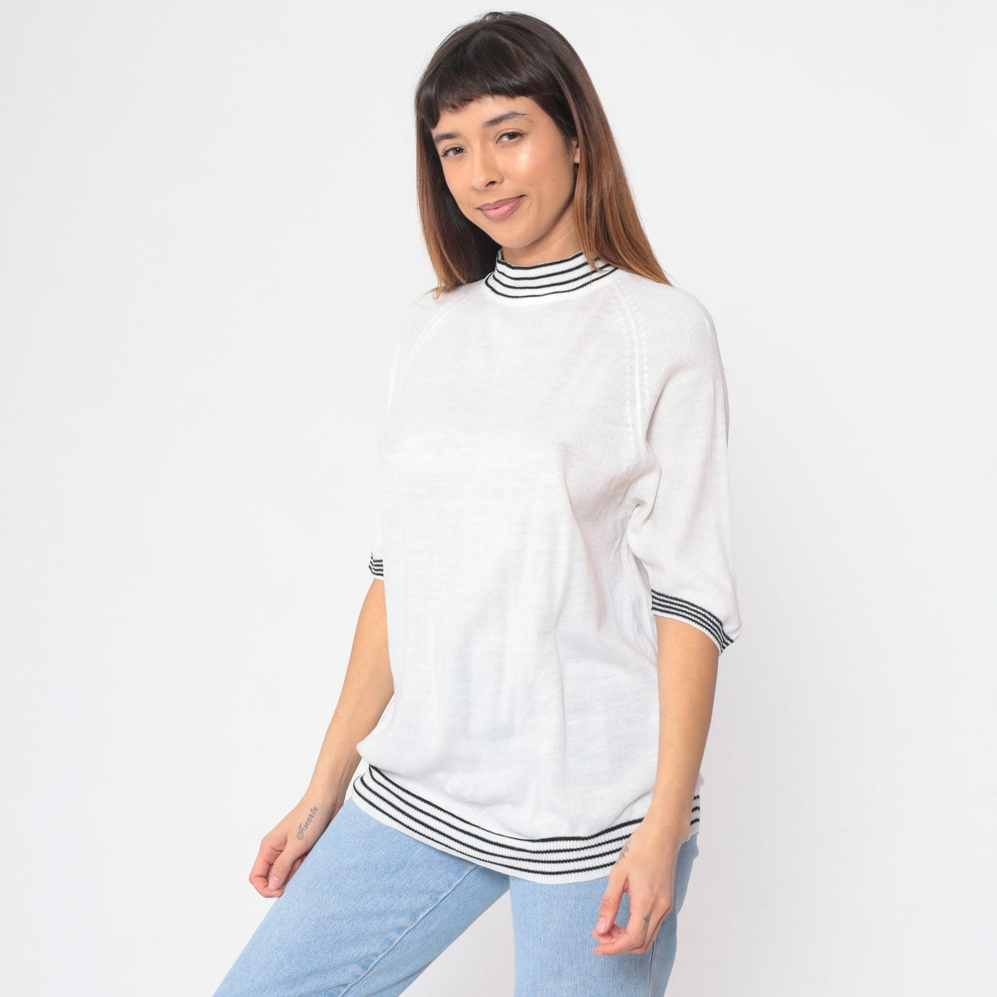 70s Bardoni White Knit Mock Neck Sweater Top Striped Ringer Medium