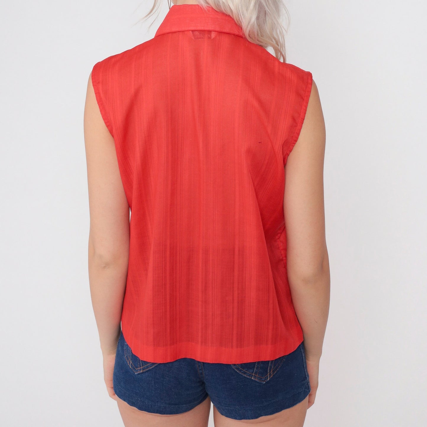 70s Red Striped Tank Top Dagger Collar Ruffle Front Button-Up Medium