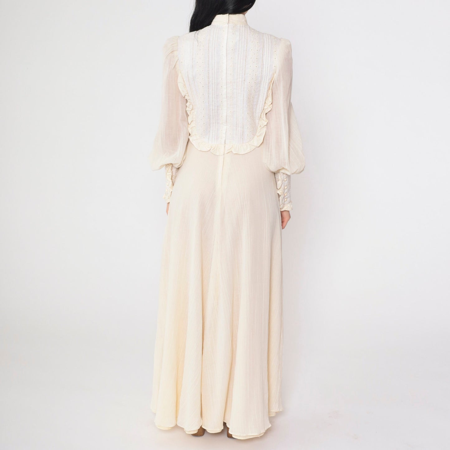 70s Miss K Cream Eyelet Maxi Dress Puff Sleeve Victorian Prairie Small
