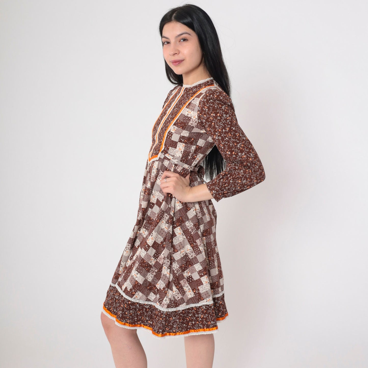 70s Calico Floral Mini Dress Puff Sleeve Patchwork Brown Cotton