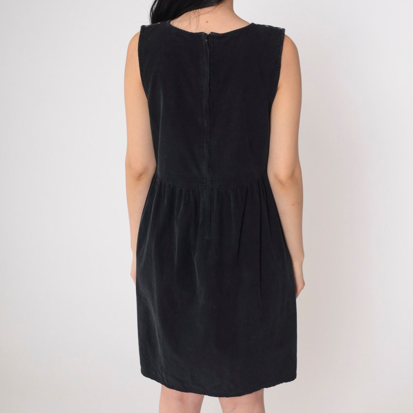 90s Black Corduroy Mini Dress Floral Embroidered High Waist Sleeveless Small