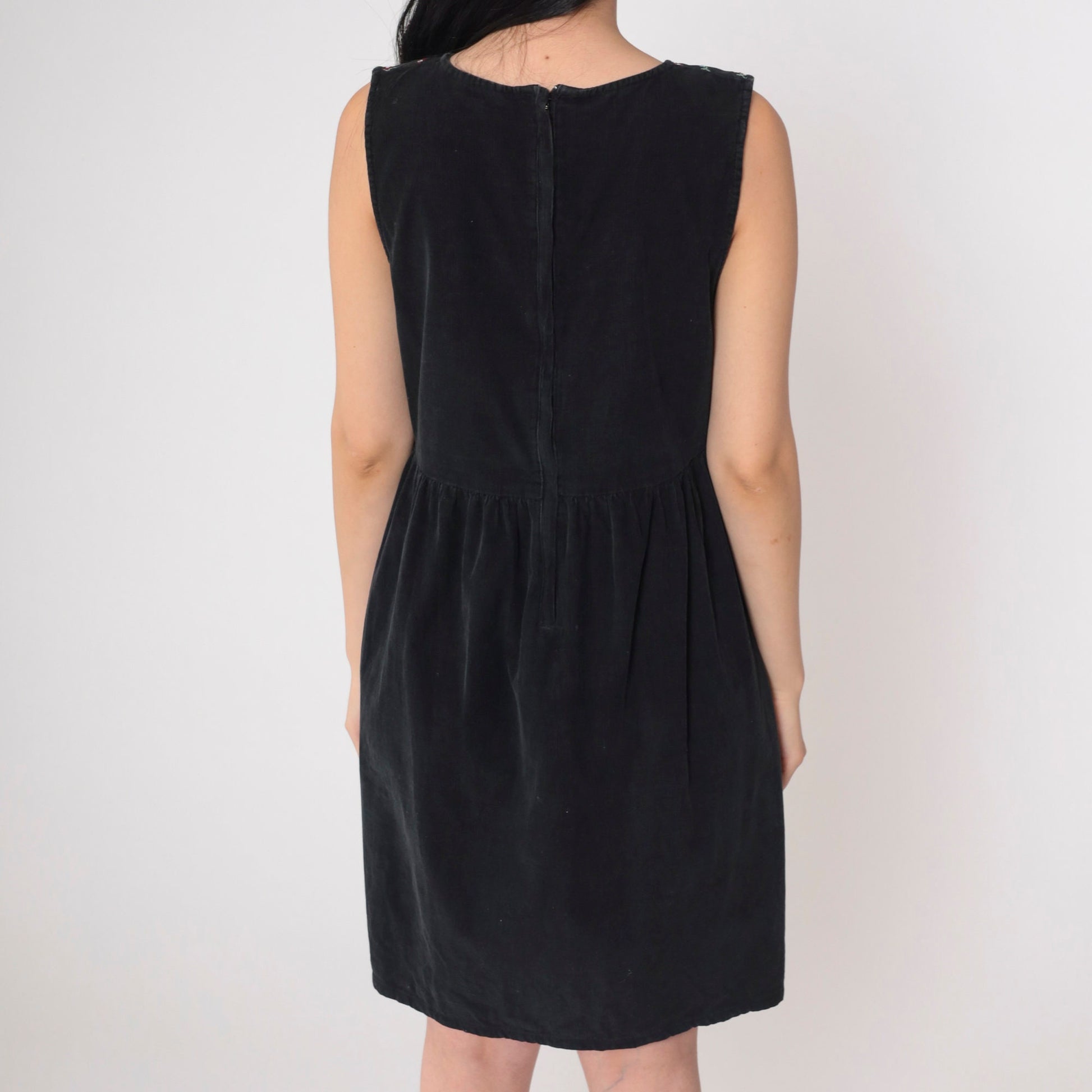 90s Black Corduroy Mini Dress Floral Embroidered High Waist Sleeveless Small