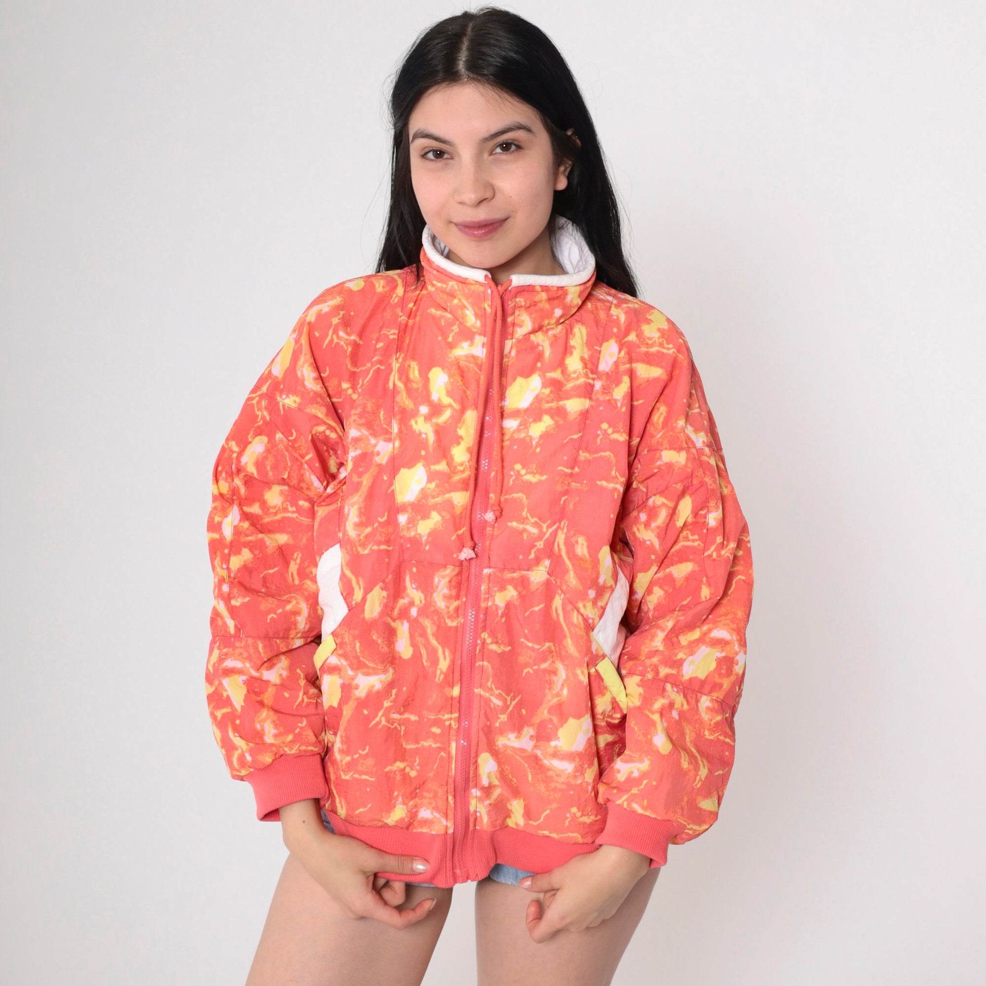90s Aviat Sportif Reversible Windbreaker Coral Pink White Psychedelic Zip Jacket Small