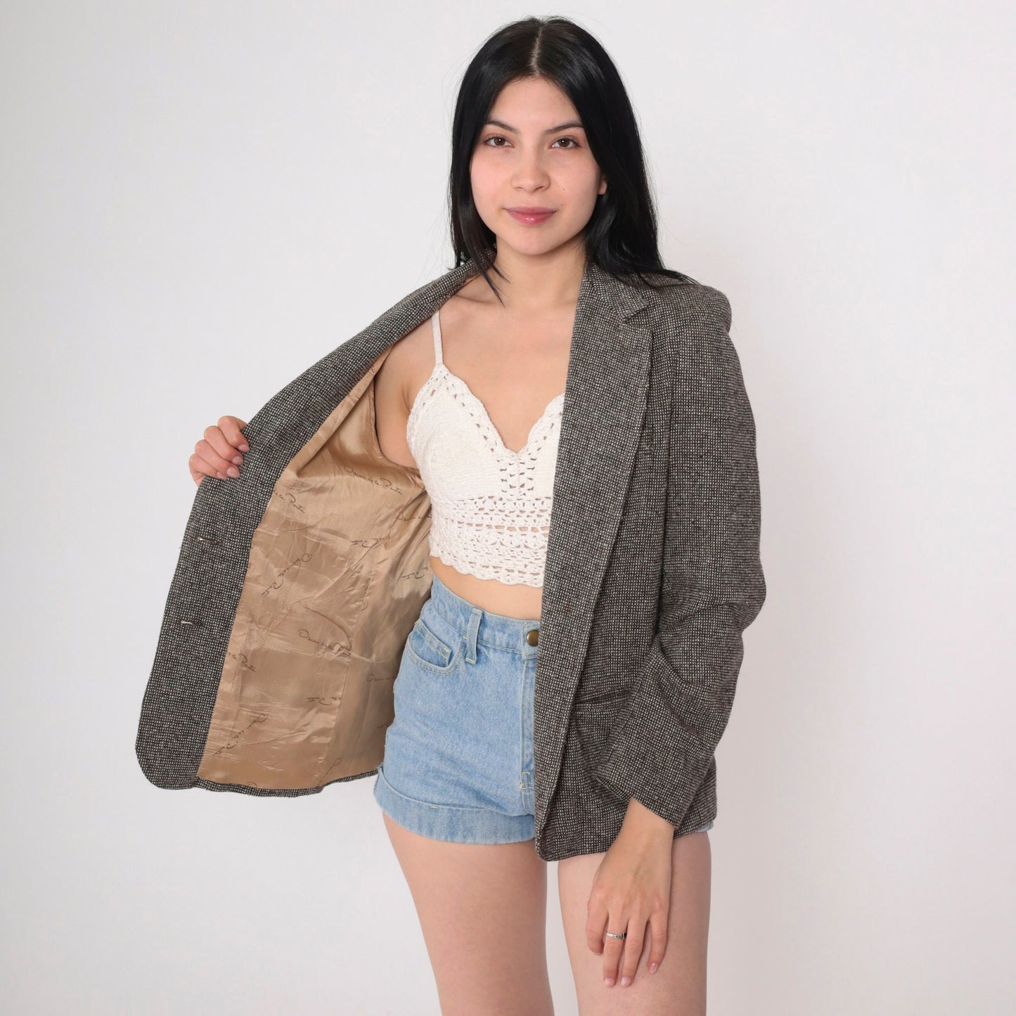 Oscar De La Renta 80s Checkered Blazer Brown V-Neck Tailored Medium