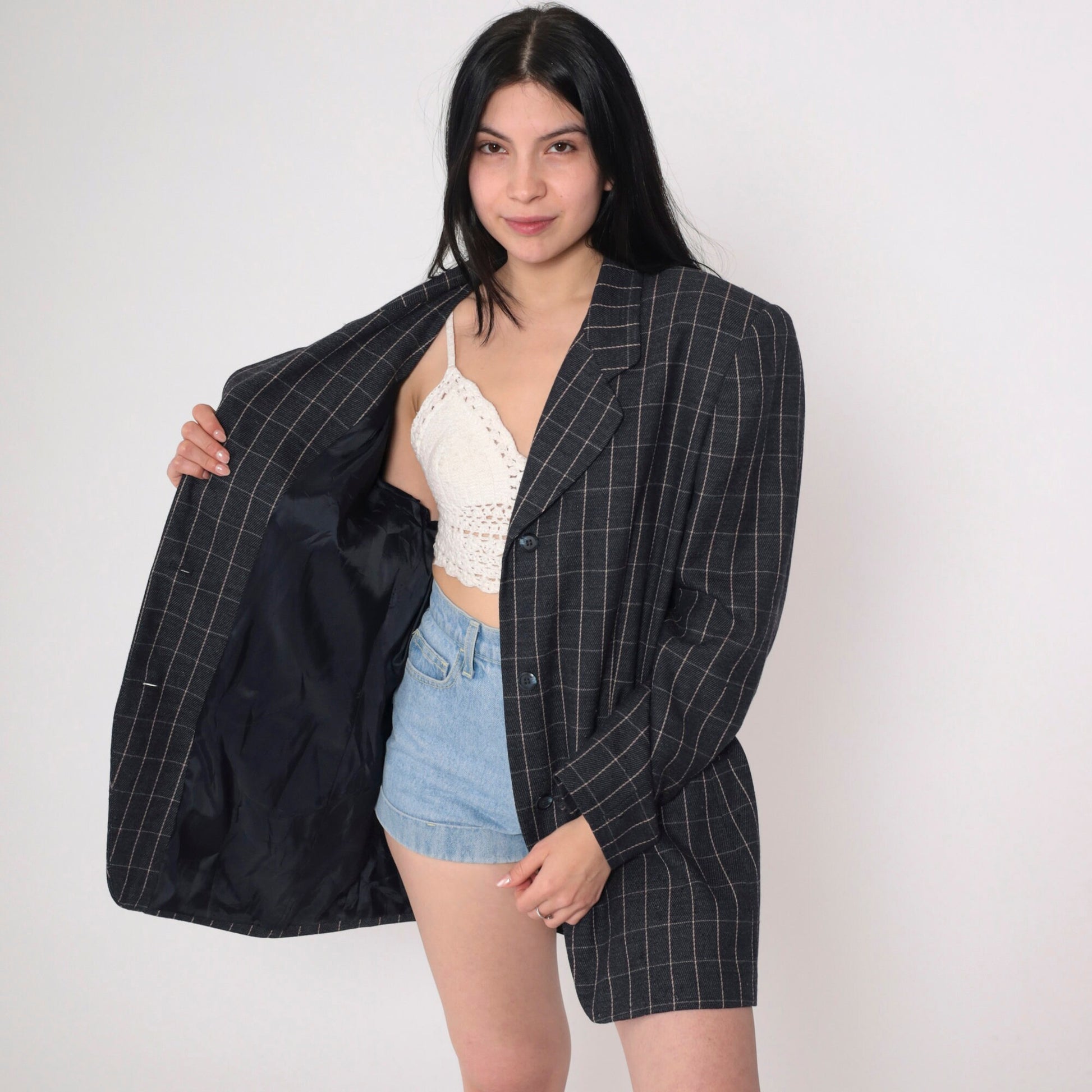 90s Amanda Smith Wool Blazer Charcoal Checkered Button-Up Extra Large