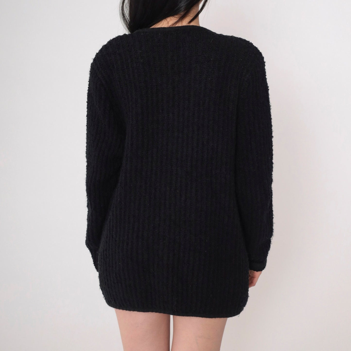 90s Black Ribbed Knit Cardigan Open Front Pockets Medium