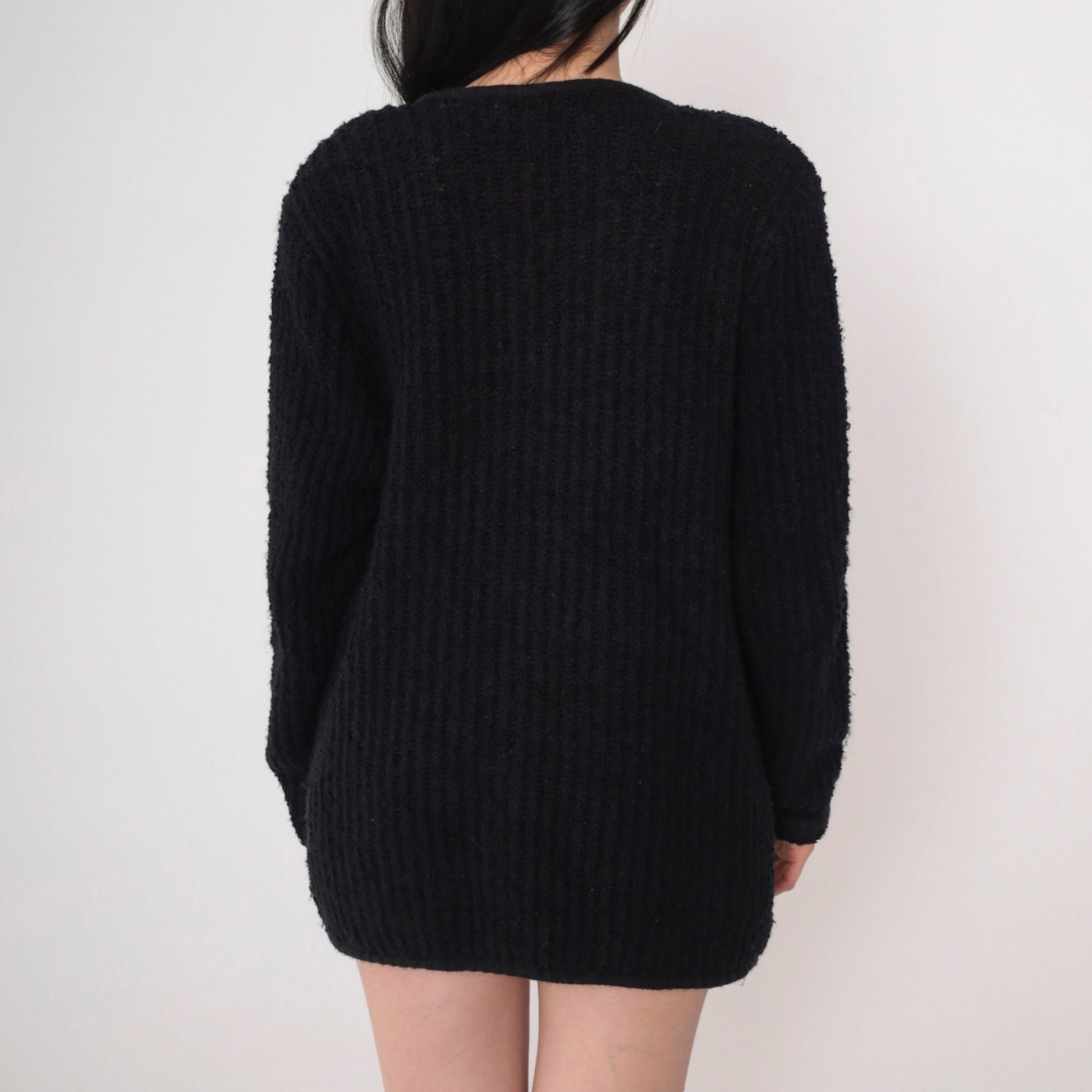 90s Black Ribbed Knit Cardigan Open Front Pockets Medium