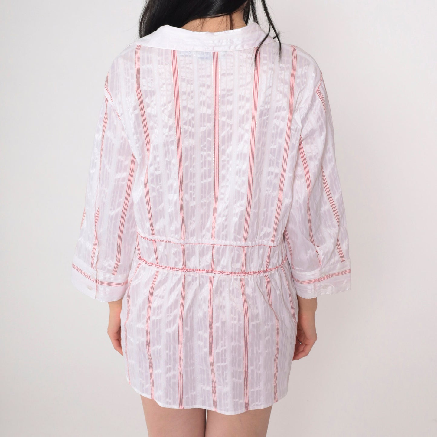 00s Striped Button-Up Blouse Y2K White Red Silver Drawstring Waist Petite Large