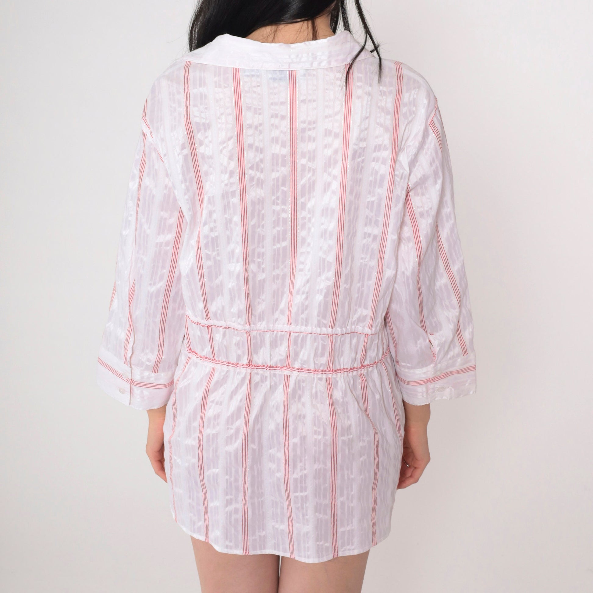 00s Striped Button-Up Blouse Y2K White Red Silver Drawstring Waist Petite Large